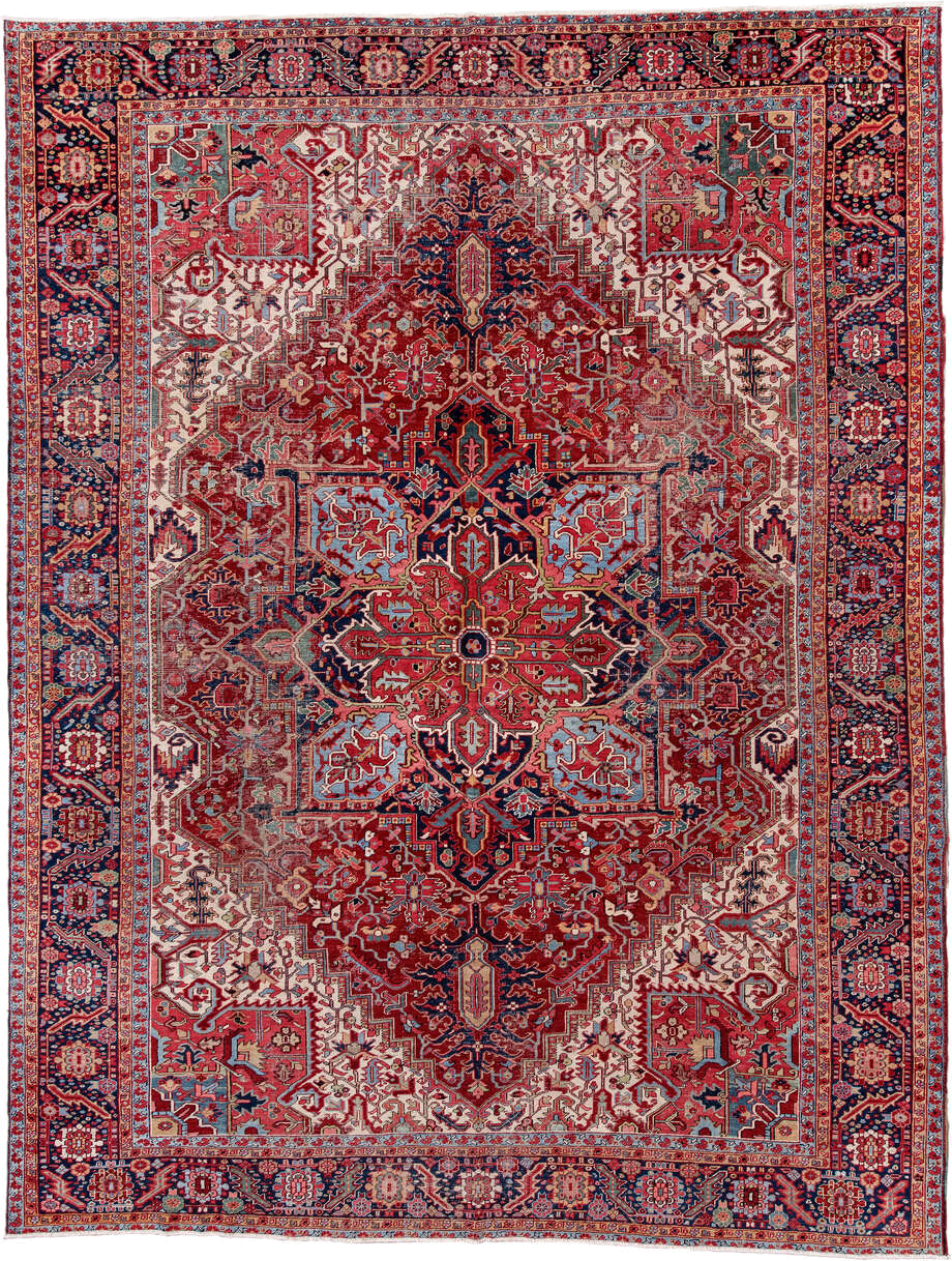 10' x 14' one-of-a-kind handmade antique Heriz large size rug. Color palette: rust, navy, ivory, sky_blue, crimson, coral