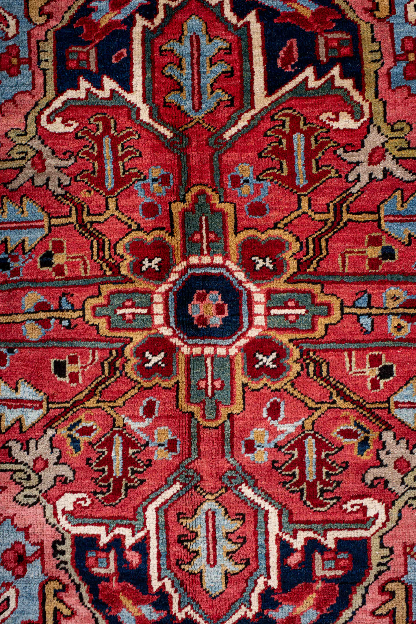 10' x 14' one-of-a-kind handmade antique Heriz large size rug. Color palette: rust, navy, ivory, sky_blue, crimson, coral