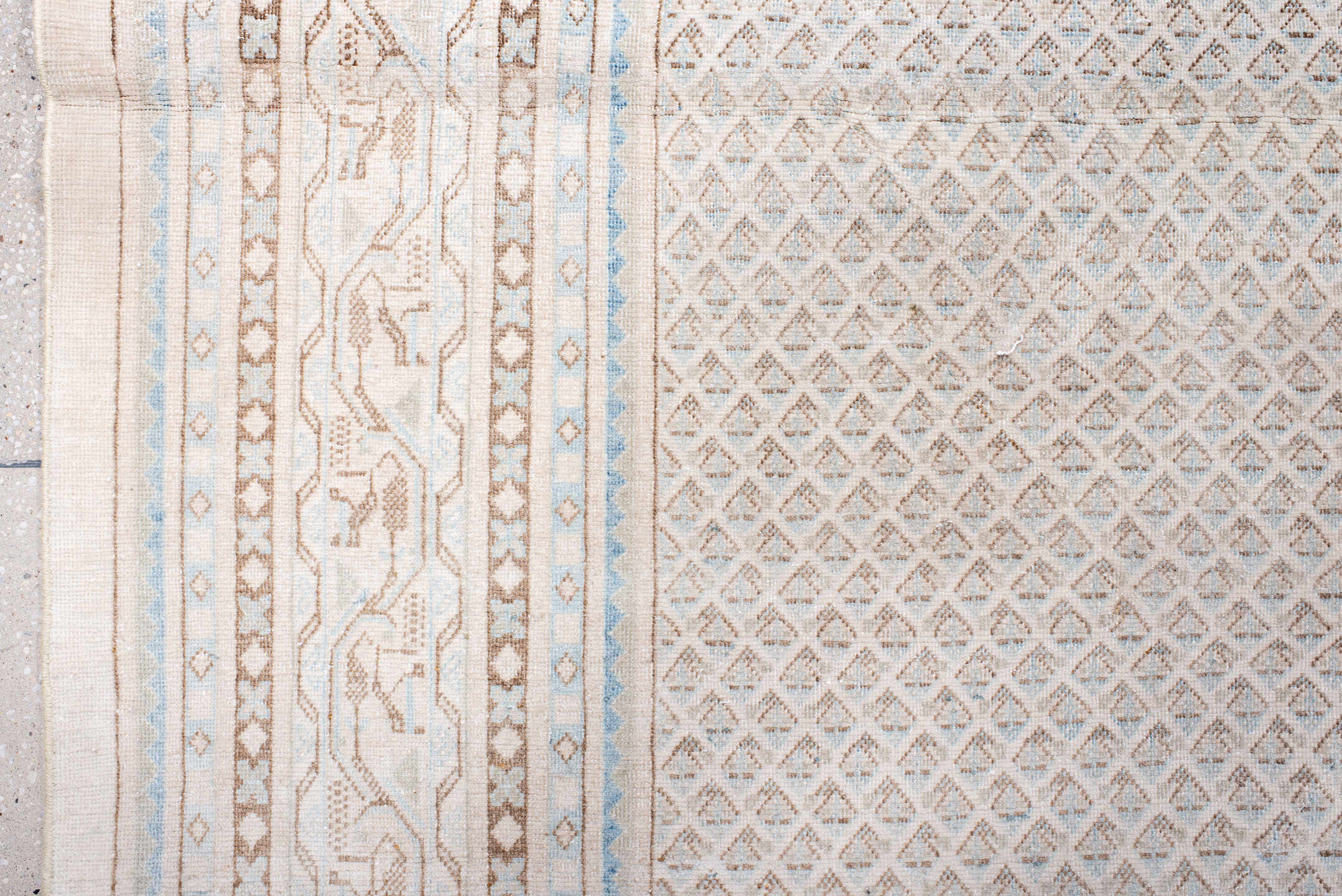 9' x 10' one-of-a-kind handmade vintage Saraband large size rug. Color palette: brown, dark gray, gainsboro, gray