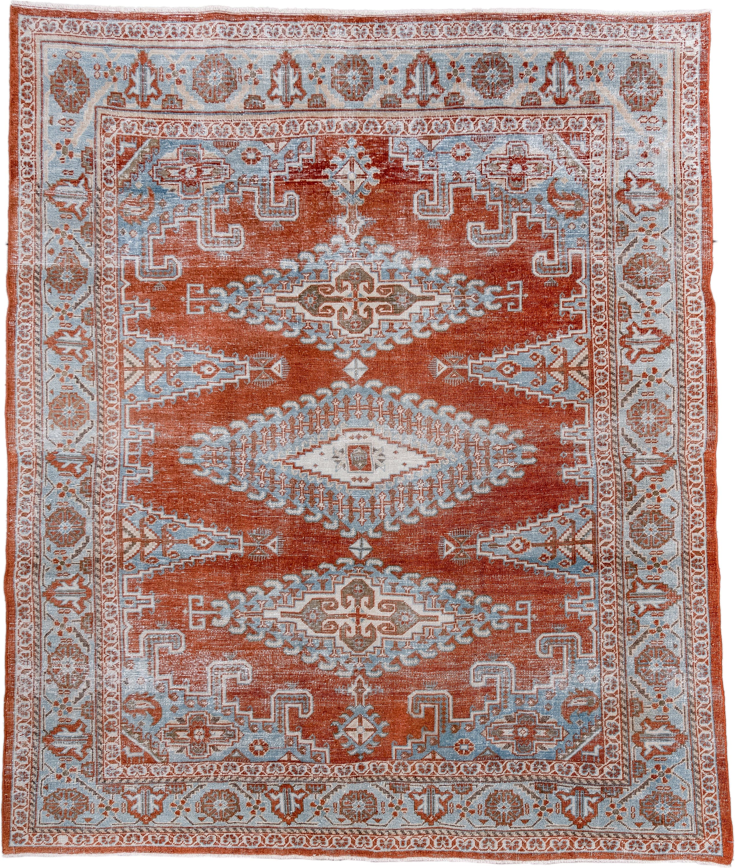 7' x 8' one-of-a-kind handmade antique Veece rug. Color palette: rust, pale blue, ivory, taupe, camel, terracotta, brown
