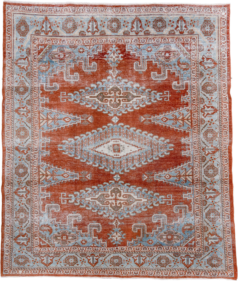 7' x 8' one-of-a-kind handmade antique Veece rug. Color palette: rust, pale blue, ivory, taupe, camel, terracotta, brown