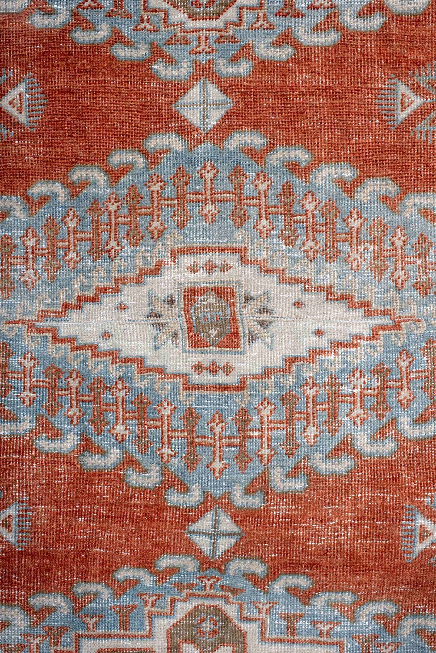 7' x 8' one-of-a-kind handmade antique Veece rug. Color palette: rust, pale blue, ivory, taupe, camel, terracotta, brown