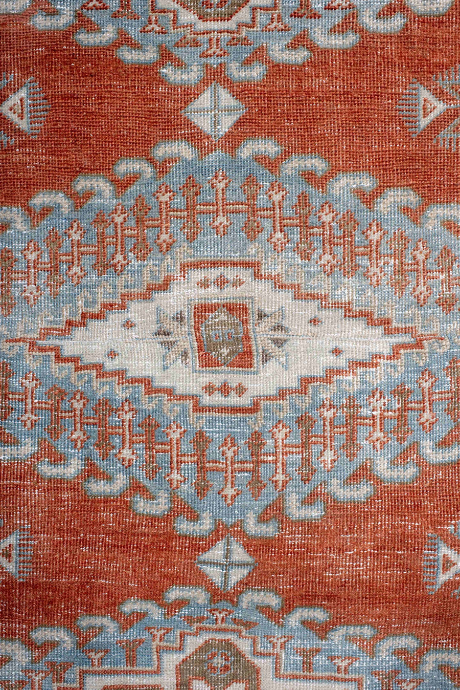 7' x 8' one-of-a-kind handmade antique Veece rug. Color palette: rust, pale blue, ivory, taupe, camel, terracotta, brown