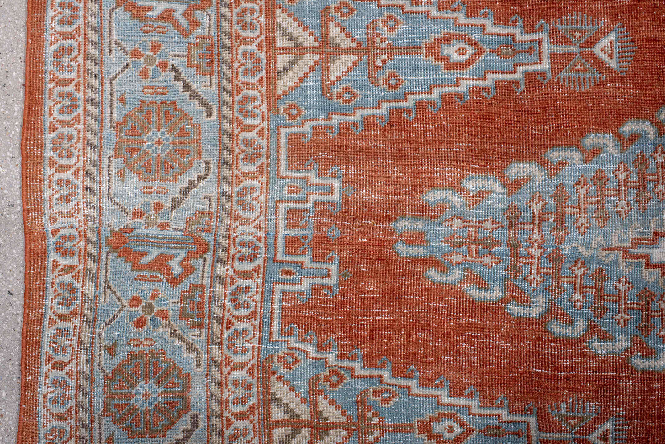 7' x 8' one-of-a-kind handmade antique Veece rug. Color palette: rust, pale blue, ivory, taupe, camel, terracotta, brown