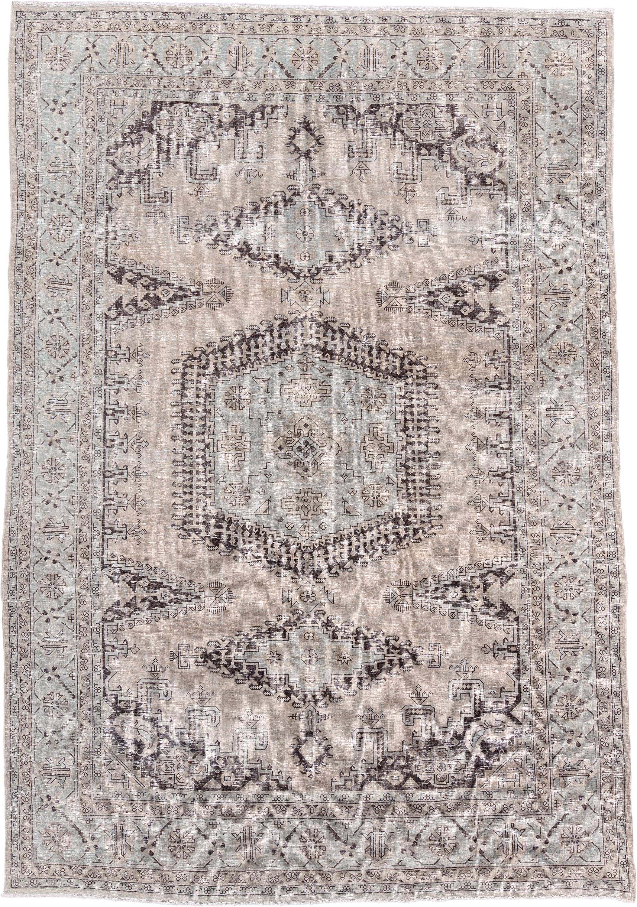 7' x 10' one-of-a-kind handmade antique Veece large size rug. Color palette: ivory, taupe, charcoal, brown, beige, gray