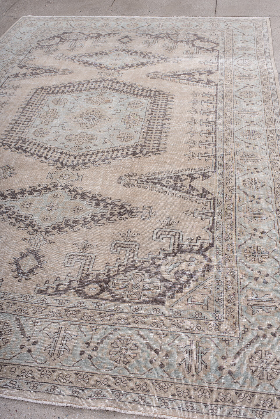 7' x 10' one-of-a-kind handmade antique Veece large size rug. Color palette: ivory, taupe, charcoal, brown, beige, gray