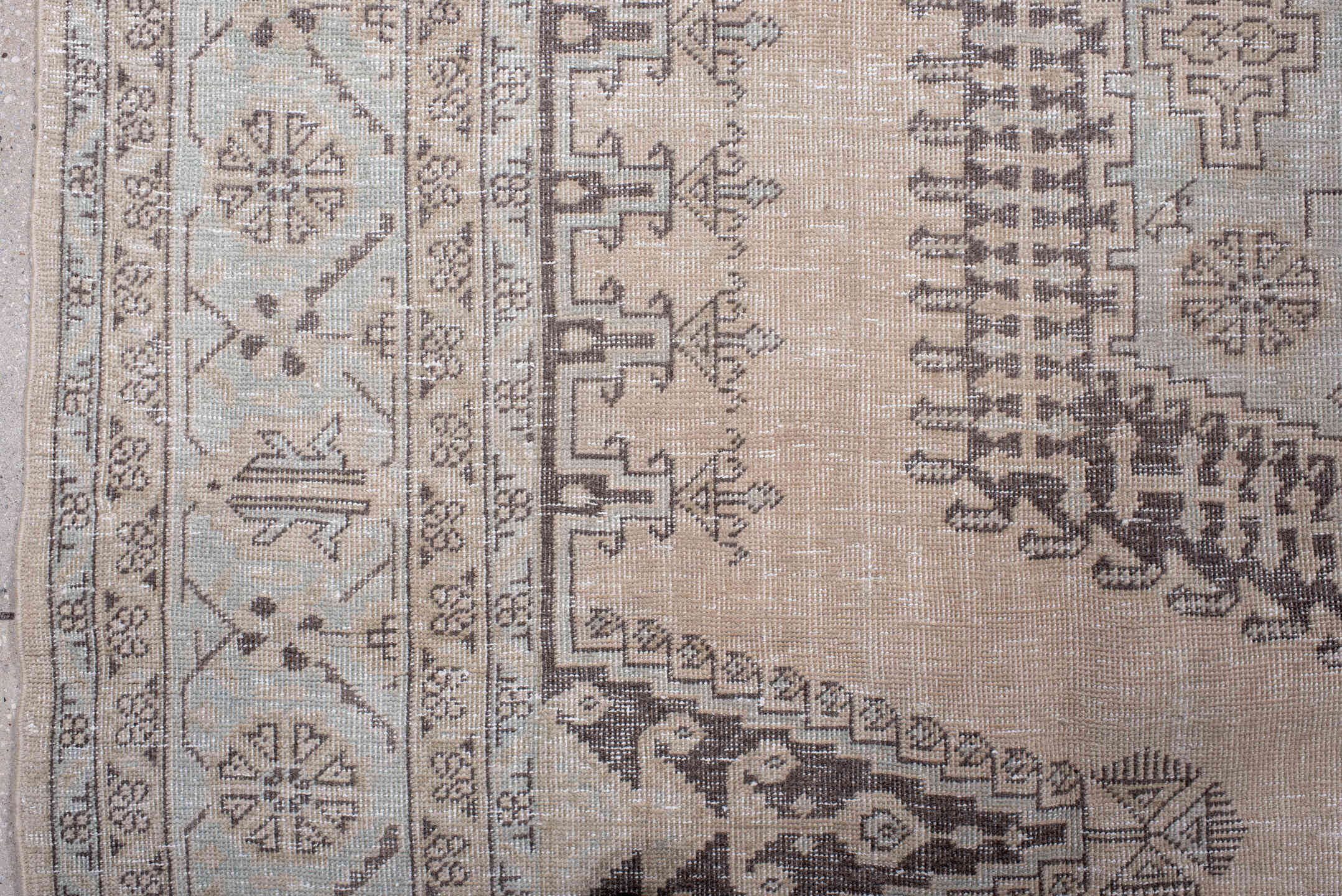 7' x 10' one-of-a-kind handmade antique Veece large size rug. Color palette: ivory, taupe, charcoal, brown, beige, gray
