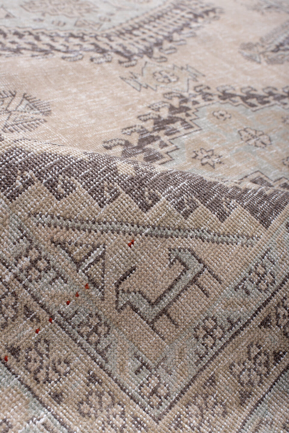 7' x 10' one-of-a-kind handmade antique Veece large size rug. Color palette: ivory, taupe, charcoal, brown, beige, gray