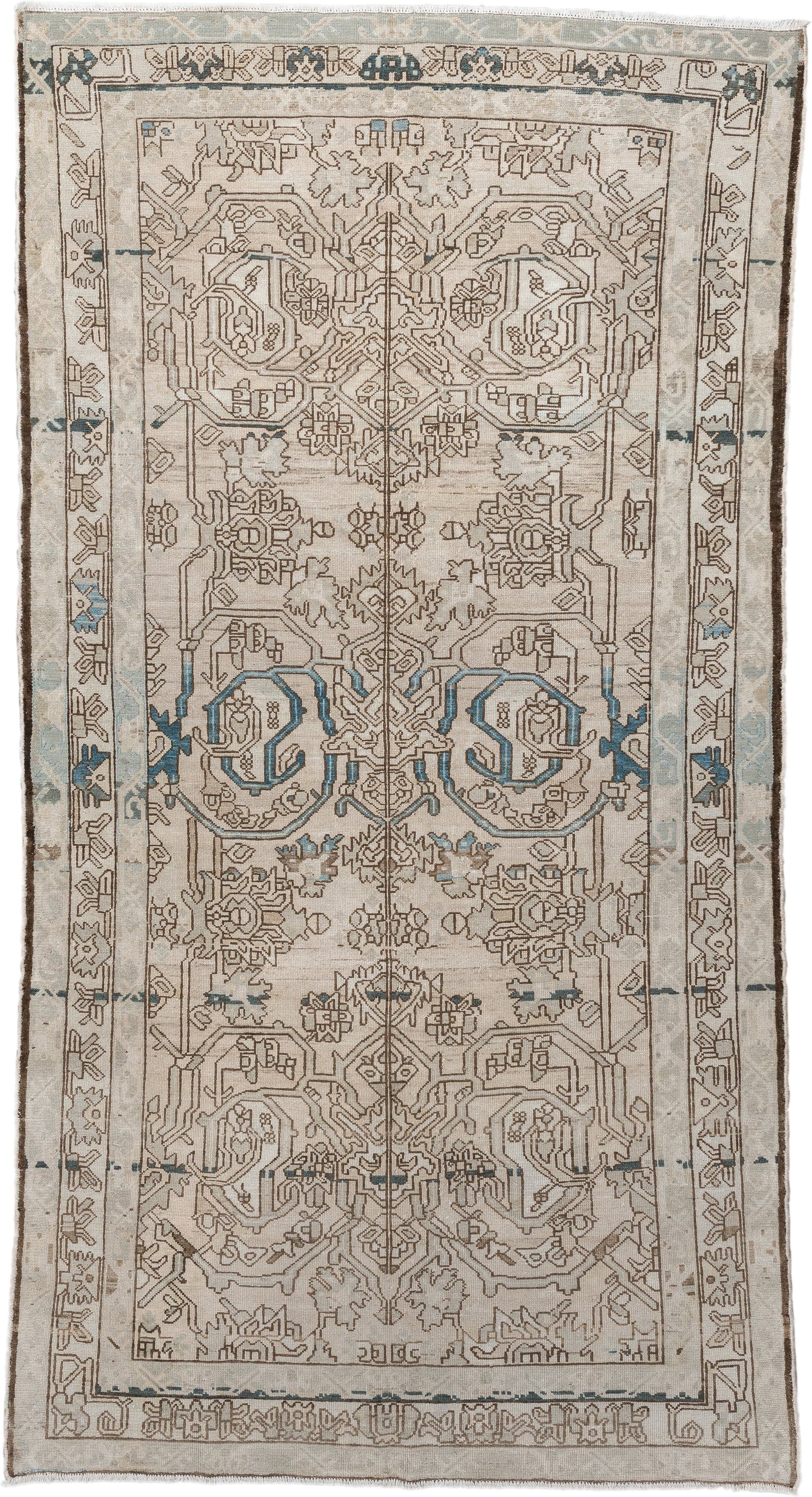 9' x 5' one-of-a-kind handmade machine-made Machine rug. Color palette: ivory, taupe, sky blue, beige, brown, slate, gray