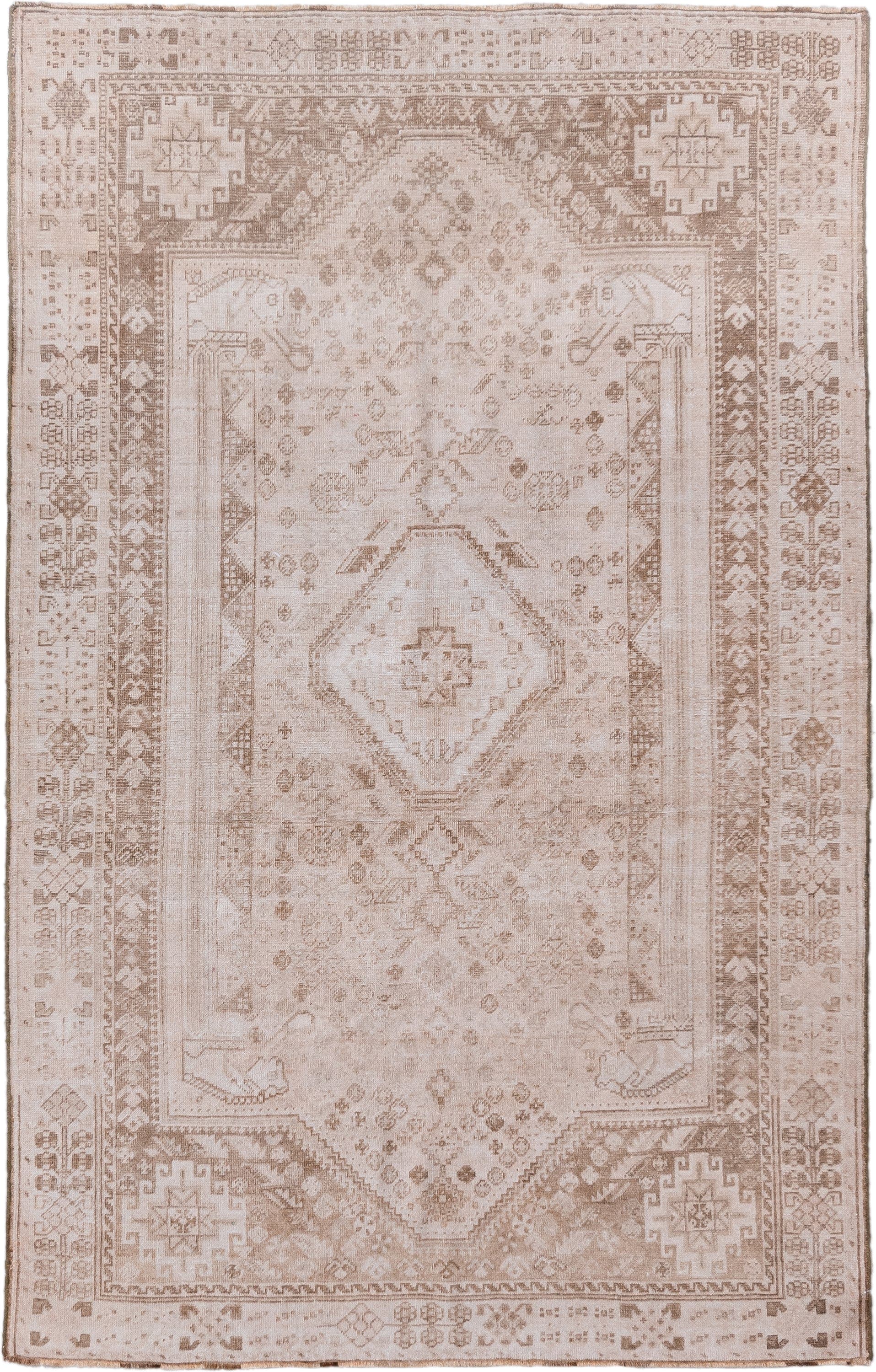5' x 8' one-of-a-kind handmade vintage Shiraz medium size rug. Color palette: ivory, taupe, beige, camel, sand, gray
