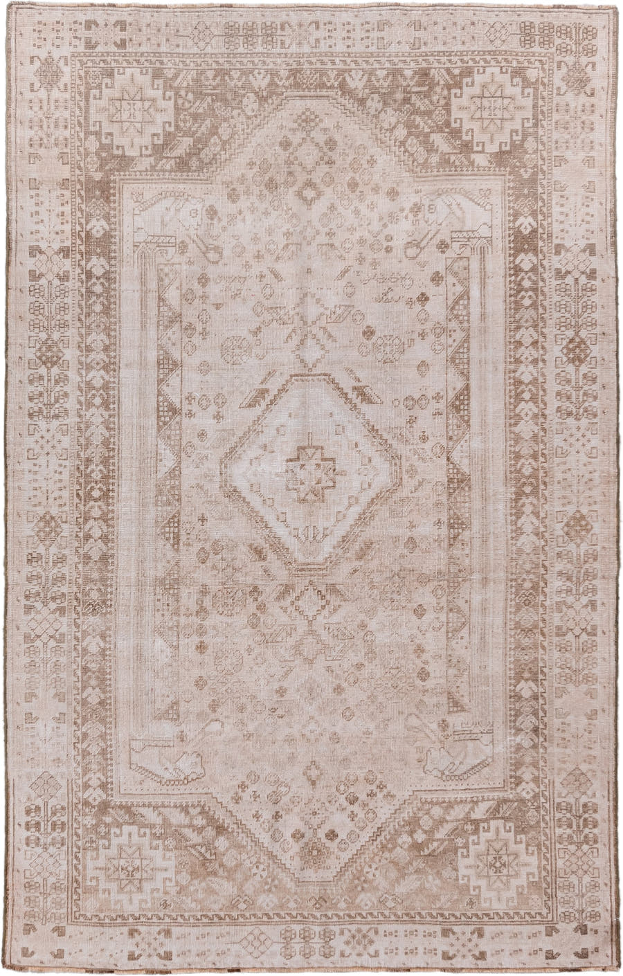 5' x 8' one-of-a-kind handmade vintage Shiraz medium size rug. Color palette: ivory, taupe, beige, camel, sand, gray
