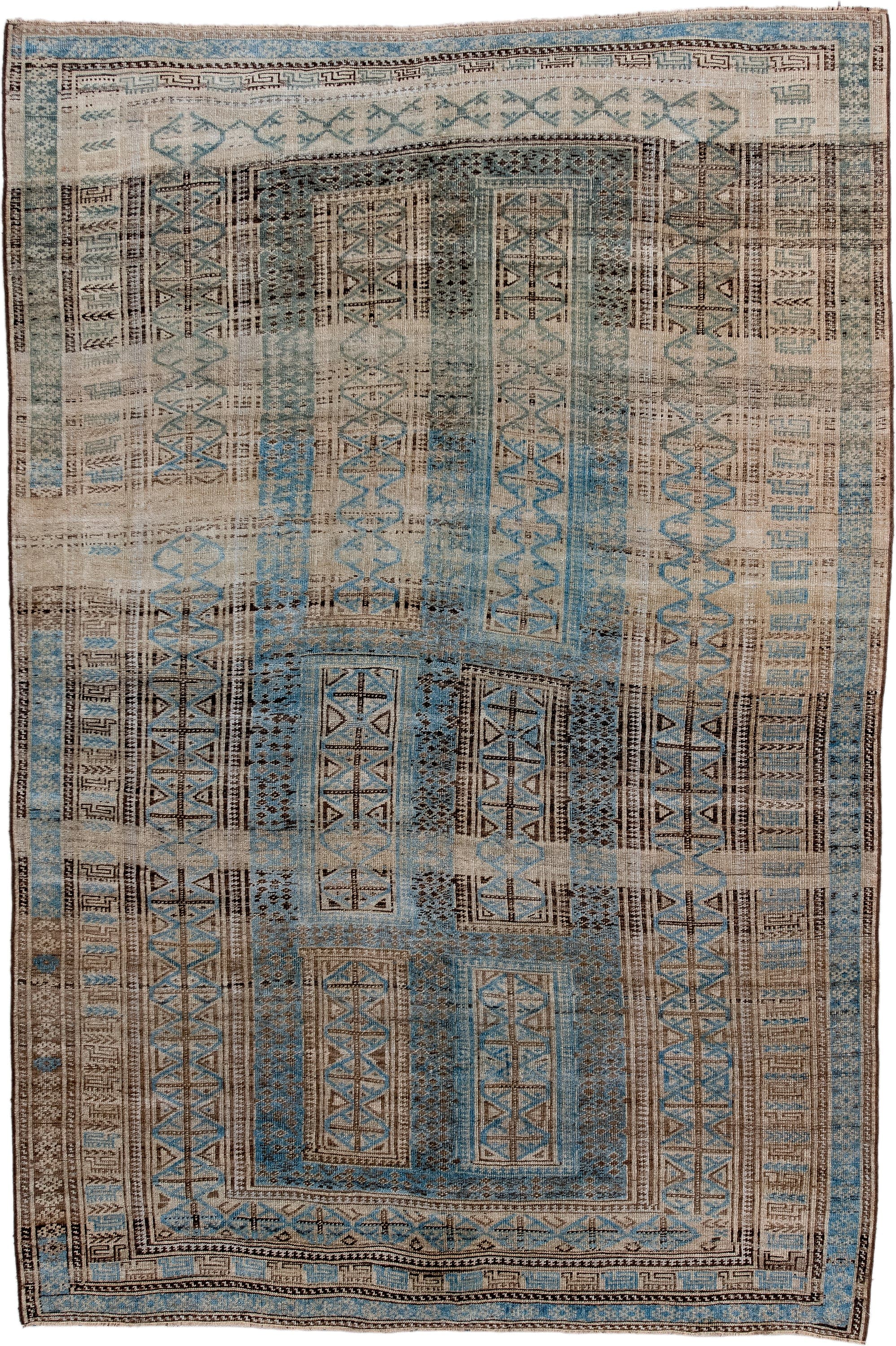 6' x 9' one-of-a-kind handmade antique Belouch medium size rug. Color palette: ivory, sky blue, brown, charcoal, taupe