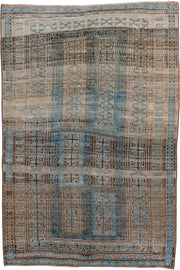 6' x 9' one-of-a-kind handmade antique Belouch medium size rug. Color palette: ivory, sky blue, brown, charcoal, taupe