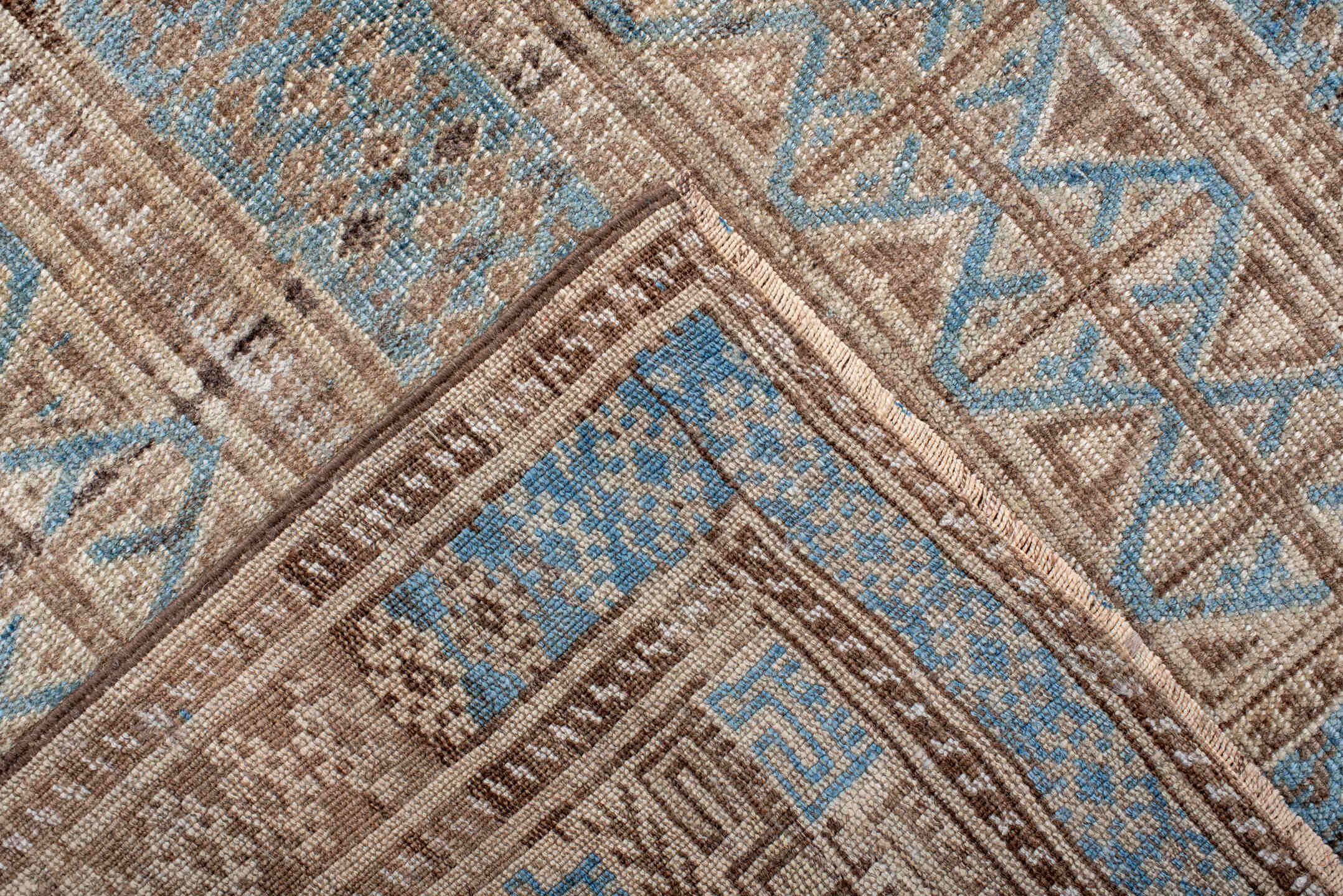 6' x 9' one-of-a-kind handmade antique Belouch medium size rug. Color palette: ivory, sky blue, brown, charcoal, taupe