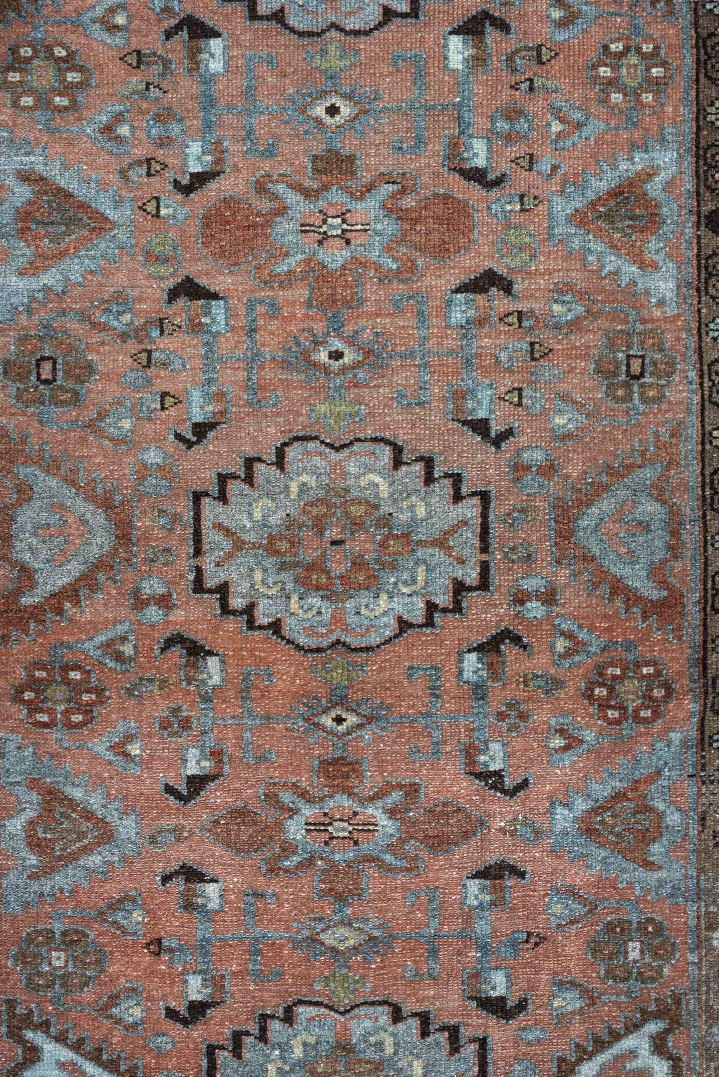 3' x 6' one-of-a-kind handmade antique Lilian runner rug. Color palette: sky blue, terracotta, brown, charcoal, taupe, ivory