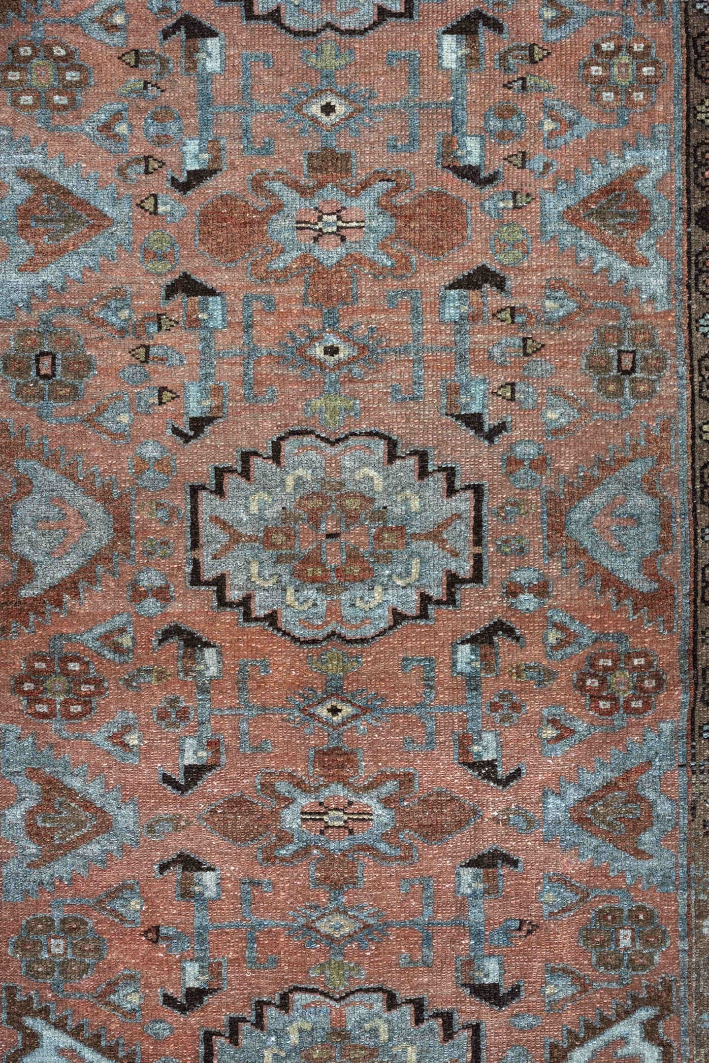 3' x 6' one-of-a-kind handmade antique Lilian runner rug. Color palette: sky blue, terracotta, brown, charcoal, taupe, ivory