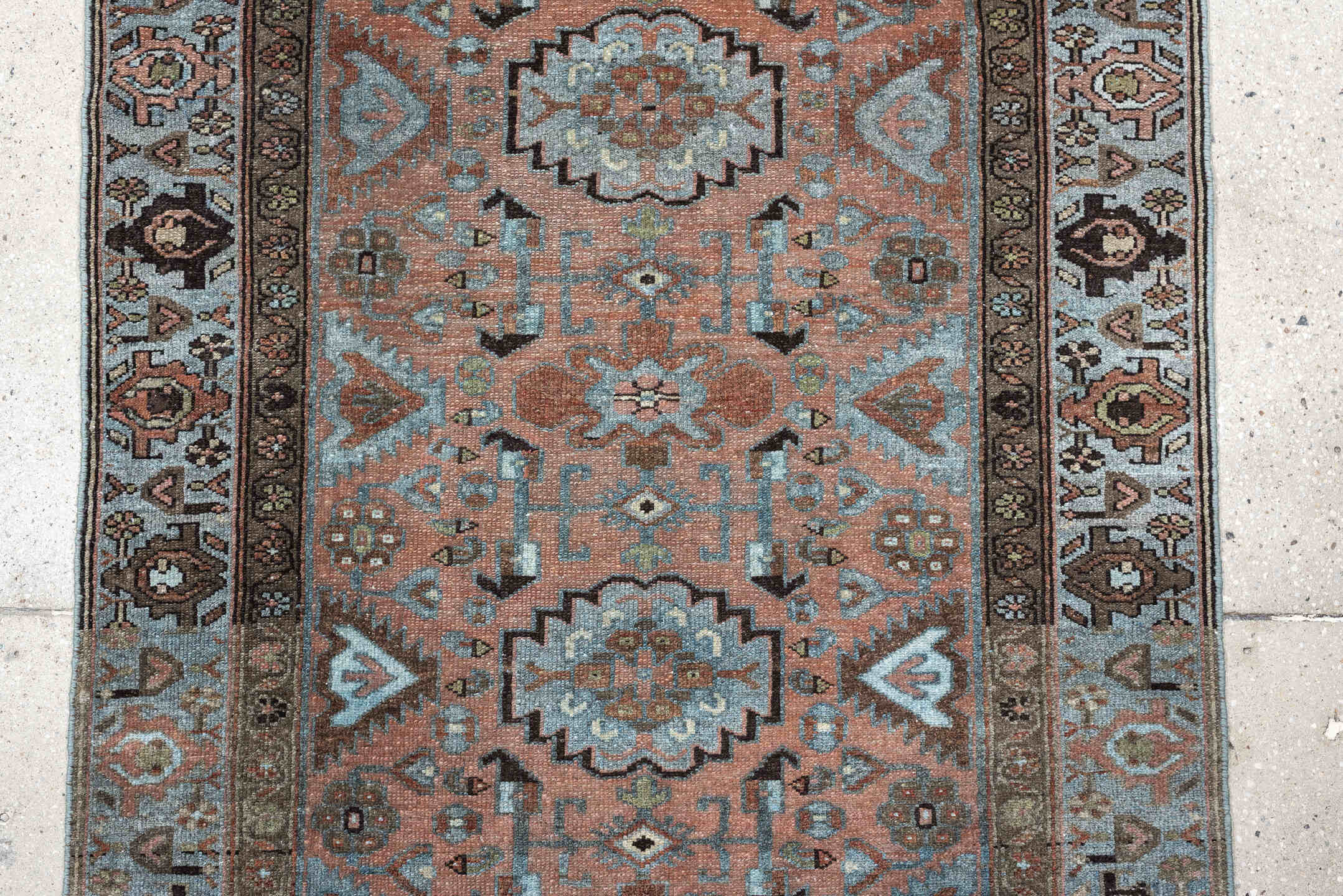 3' x 6' one-of-a-kind handmade antique Lilian runner rug. Color palette: sky blue, terracotta, brown, charcoal, taupe, ivory