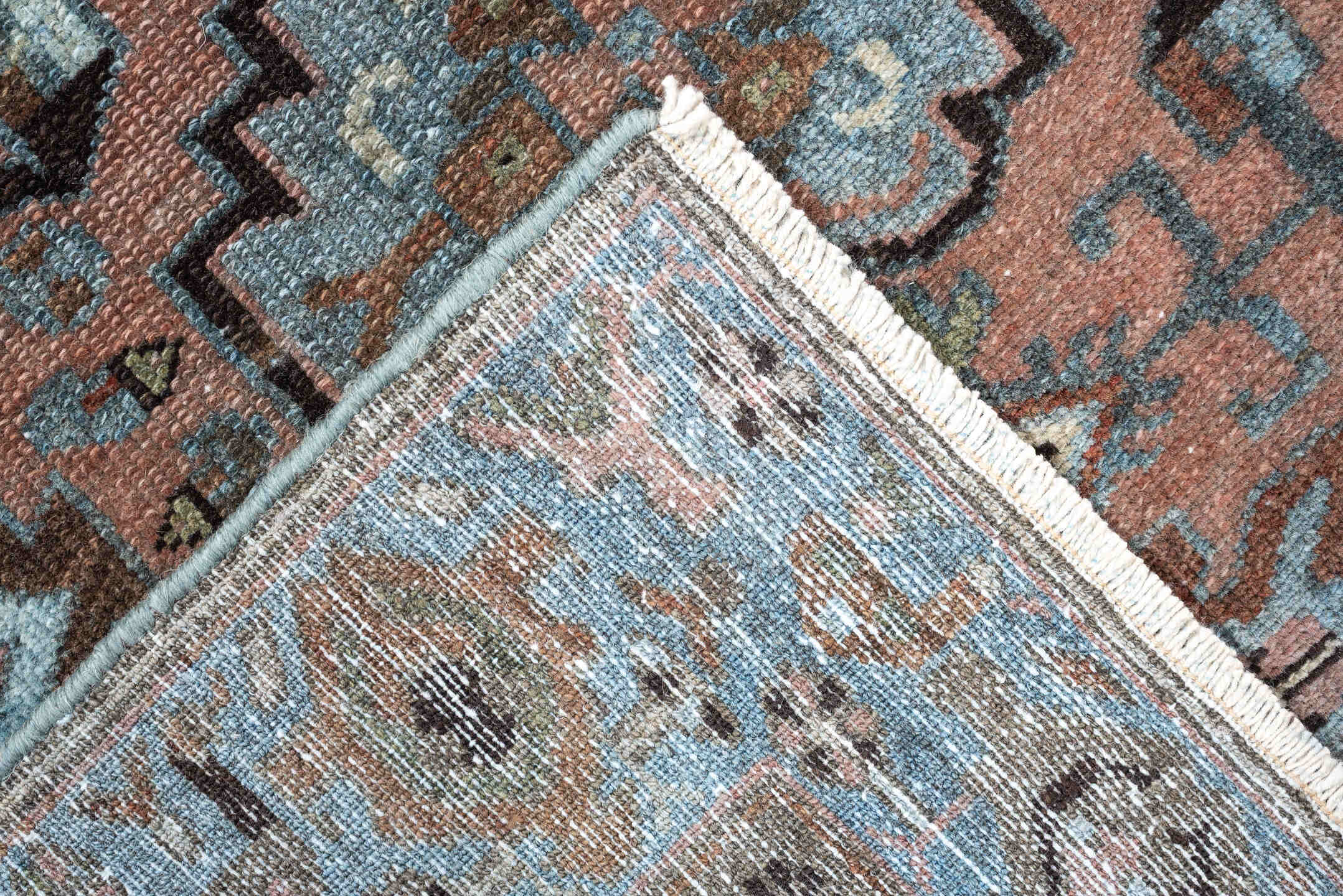 3' x 6' one-of-a-kind handmade antique Lilian runner rug. Color palette: sky blue, terracotta, brown, charcoal, taupe, ivory