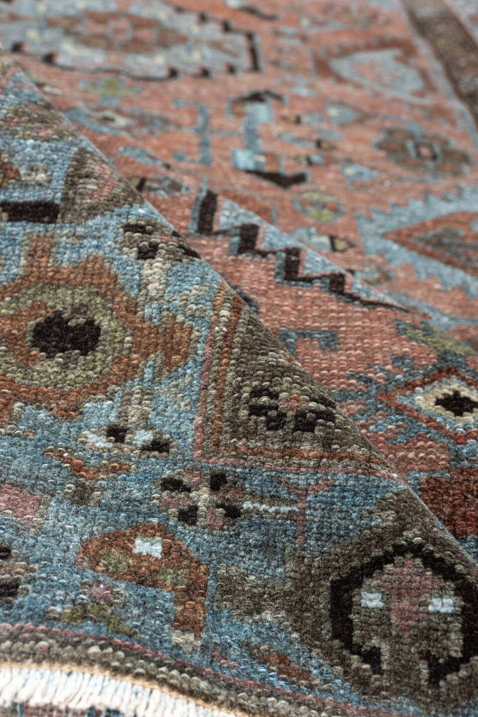 3' x 6' one-of-a-kind handmade antique Lilian runner rug. Color palette: sky blue, terracotta, brown, charcoal, taupe, ivory