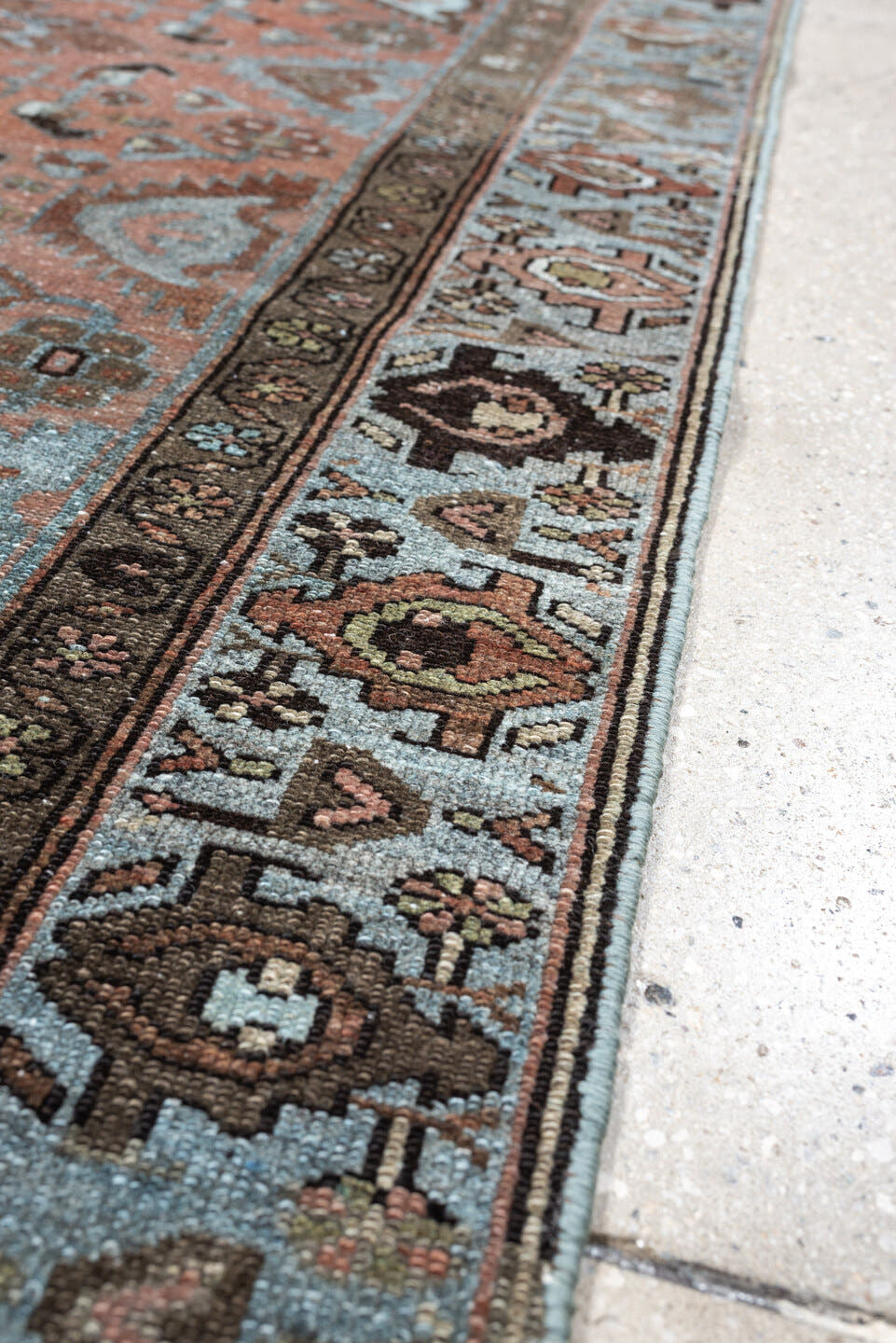 3' x 6' one-of-a-kind handmade antique Lilian runner rug. Color palette: sky blue, terracotta, brown, charcoal, taupe, ivory