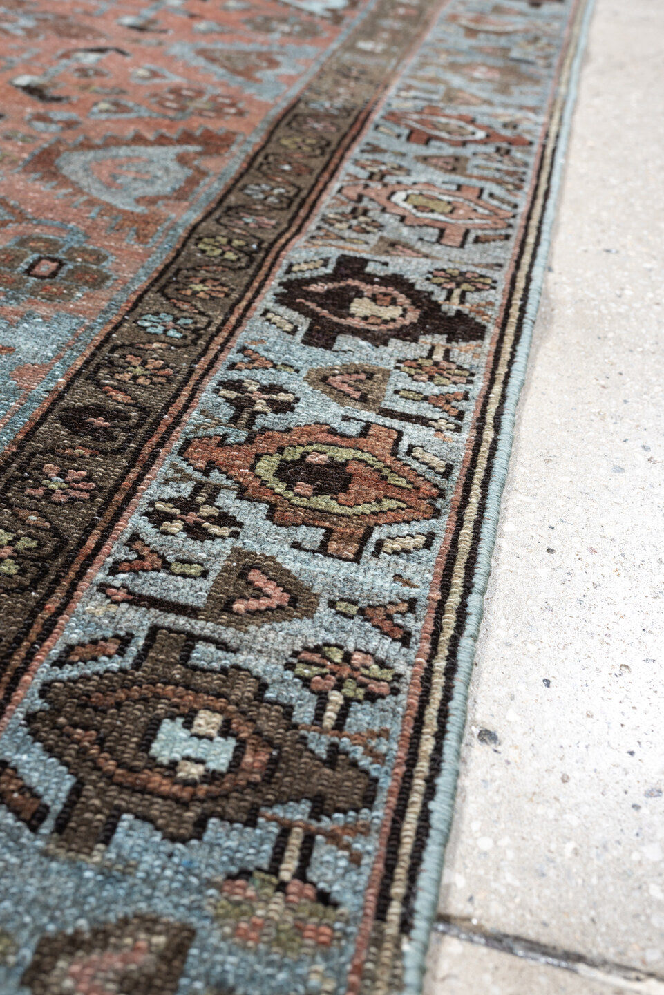 3' x 6' one-of-a-kind handmade antique Lilian runner rug. Color palette: sky blue, terracotta, brown, charcoal, taupe, ivory
