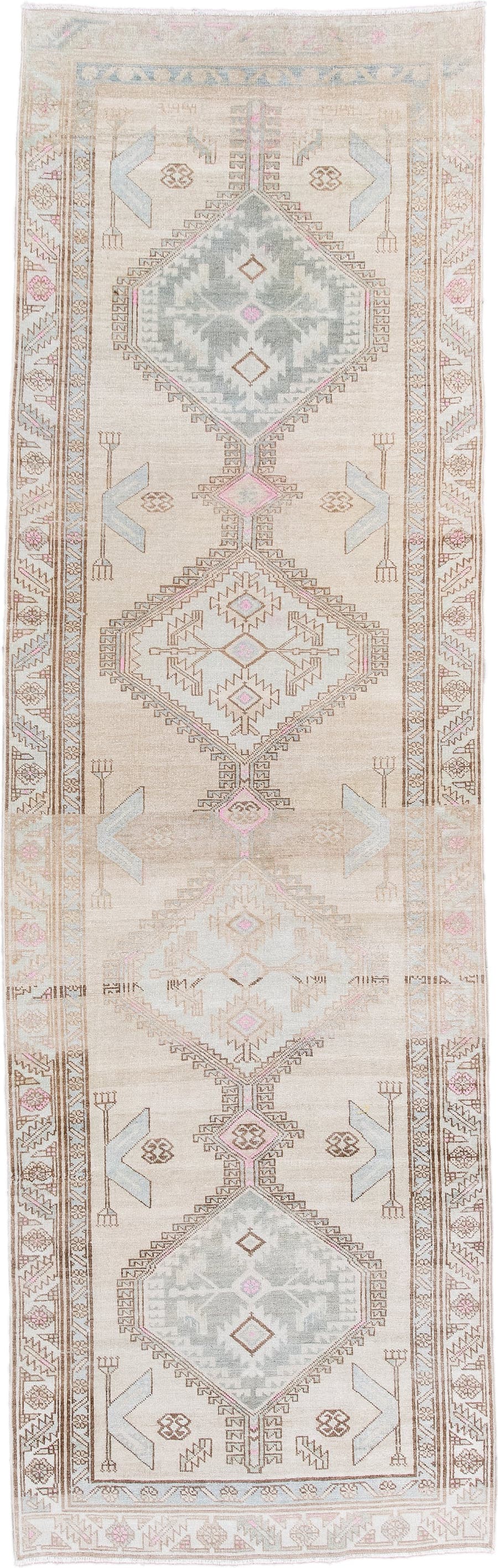 3' x 9' one-of-a-kind handmade antique Sarab runner rug. Color palette: ivory, camel, pale blue, blush, taupe, sand, beige
