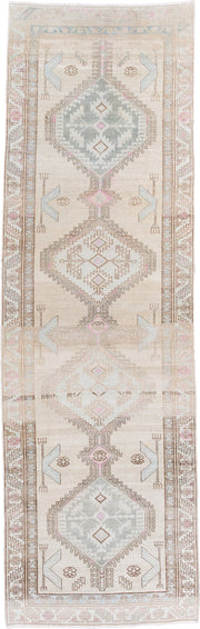 3' x 9' one-of-a-kind handmade antique Sarab runner rug. Color palette: ivory, camel, pale blue, blush, taupe, sand, beige