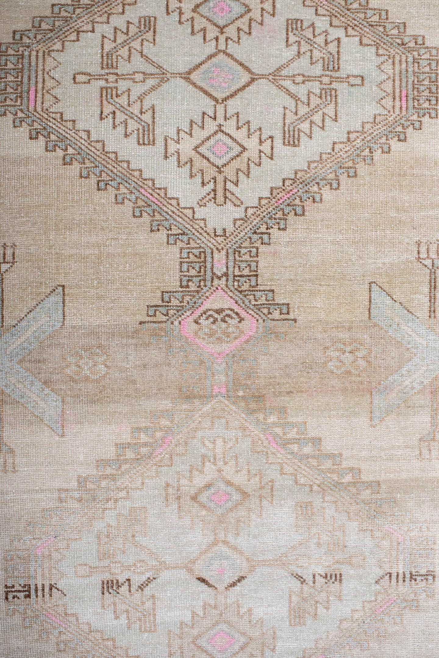 3' x 9' one-of-a-kind handmade antique Sarab runner rug. Color palette: ivory, camel, pale blue, blush, taupe, sand, beige