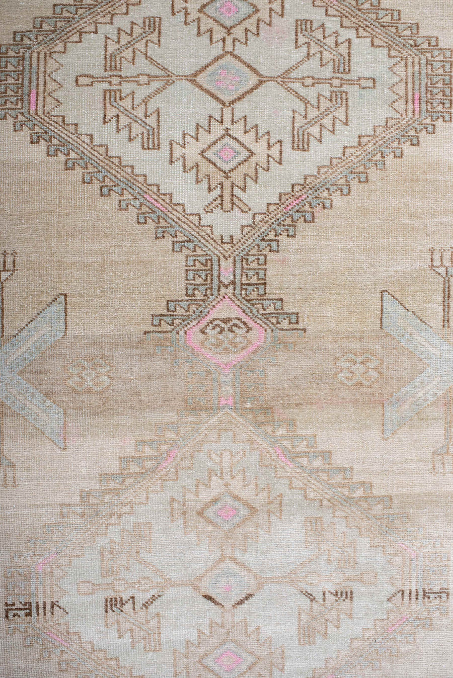 3' x 9' one-of-a-kind handmade antique Sarab runner rug. Color palette: ivory, camel, pale blue, blush, taupe, sand, beige
