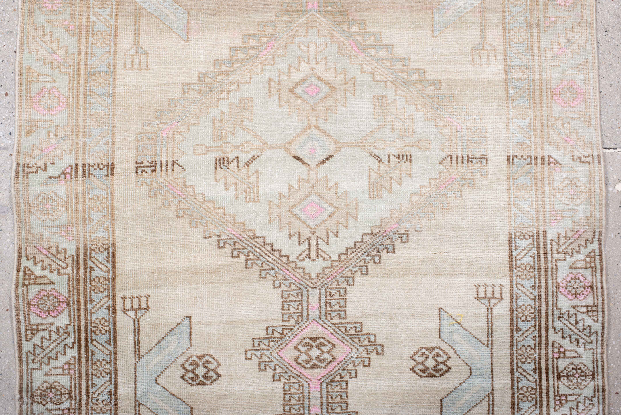 3' x 9' one-of-a-kind handmade antique Sarab runner rug. Color palette: ivory, camel, pale blue, blush, taupe, sand, beige