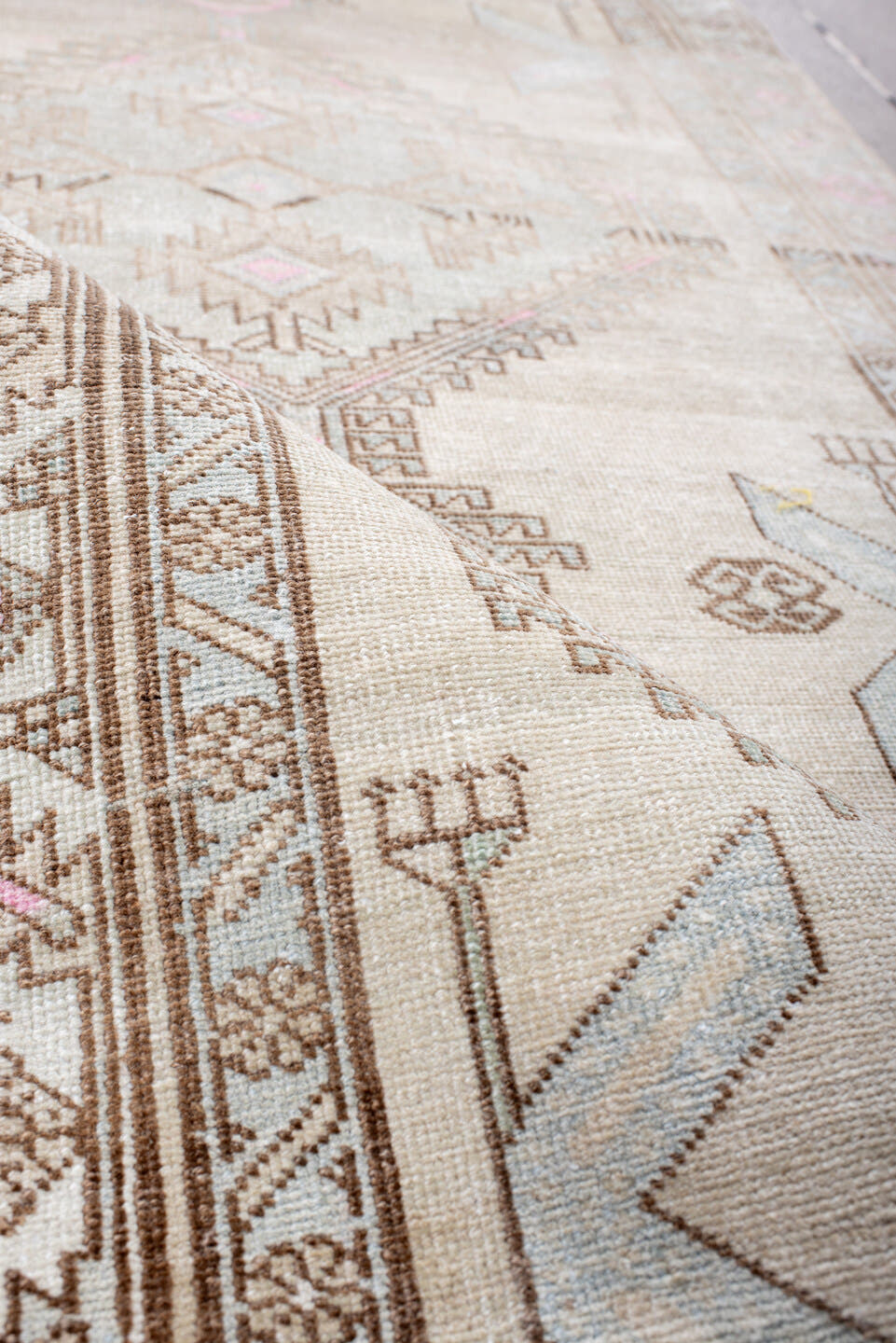 3' x 9' one-of-a-kind handmade antique Sarab runner rug. Color palette: ivory, camel, pale blue, blush, taupe, sand, beige