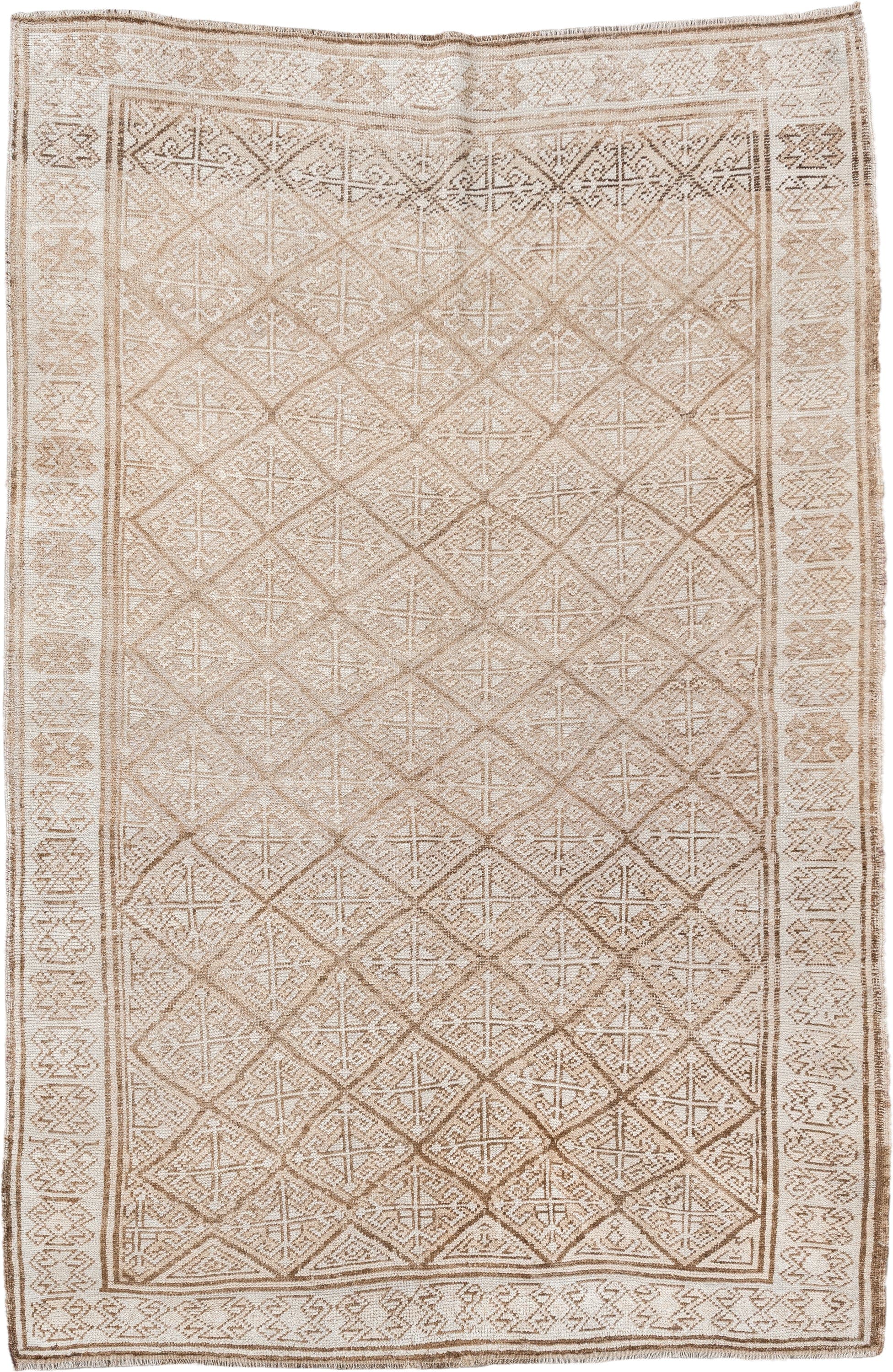 5' x 7' one-of-a-kind handmade antique medium size rug. Color palette: ivory, camel, taupe, beige, sand, gray