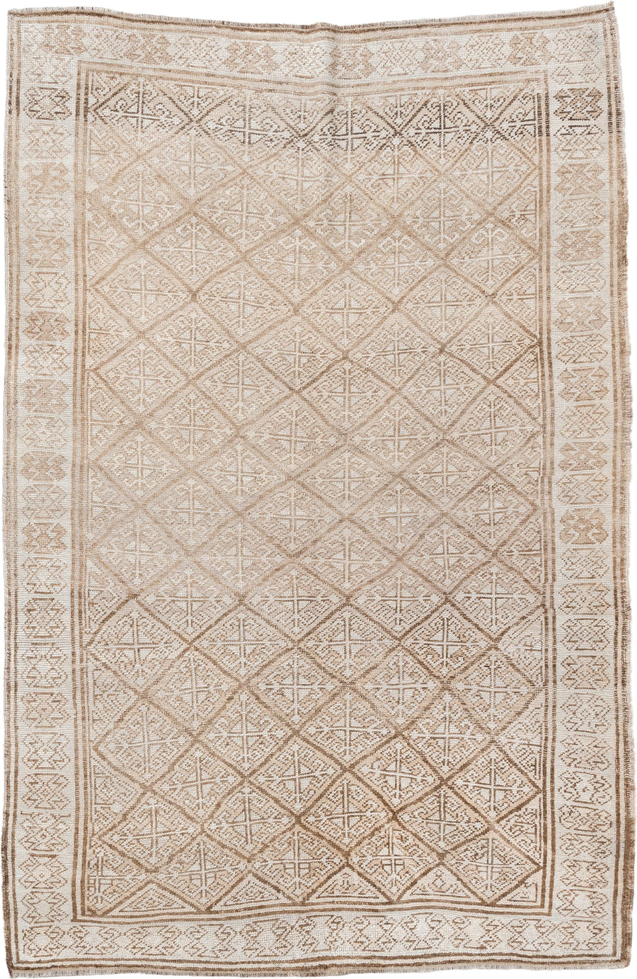 5' x 7' one-of-a-kind handmade antique medium size rug. Color palette: ivory, camel, taupe, beige, sand, gray