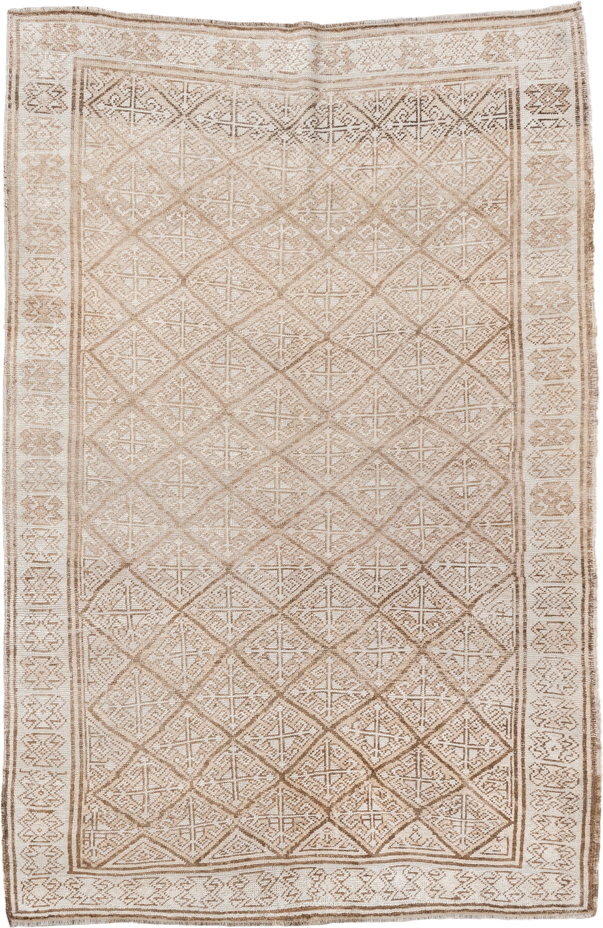 5' x 7' one-of-a-kind handmade antique medium size rug. Color palette: ivory, camel, taupe, beige, sand, gray