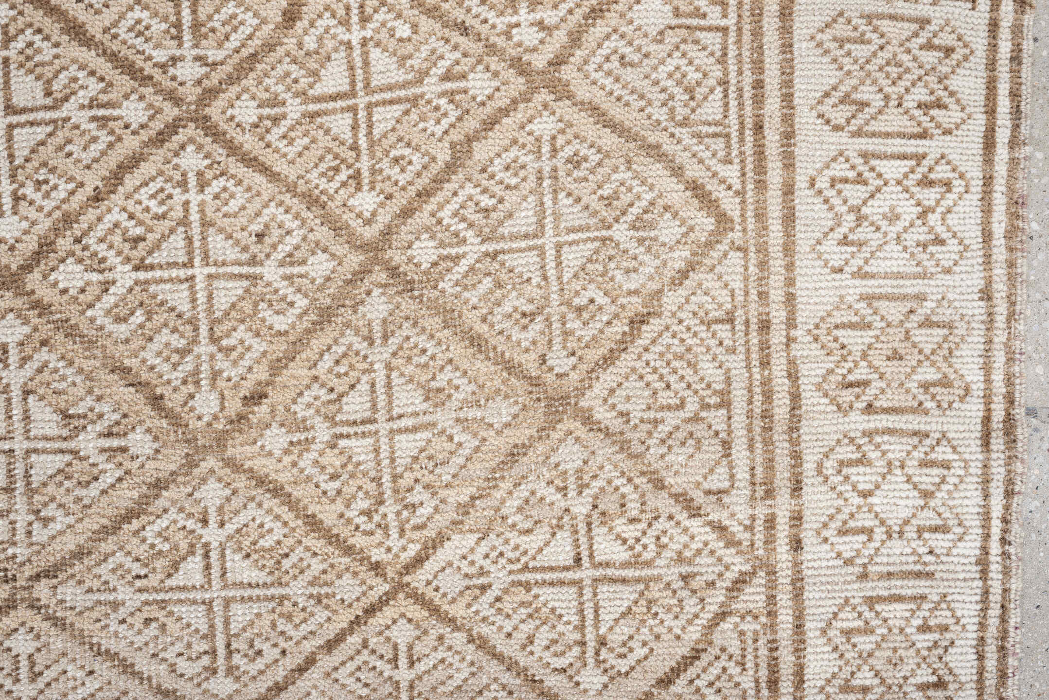 5' x 7' one-of-a-kind handmade antique medium size rug. Color palette: ivory, camel, taupe, beige, sand, gray