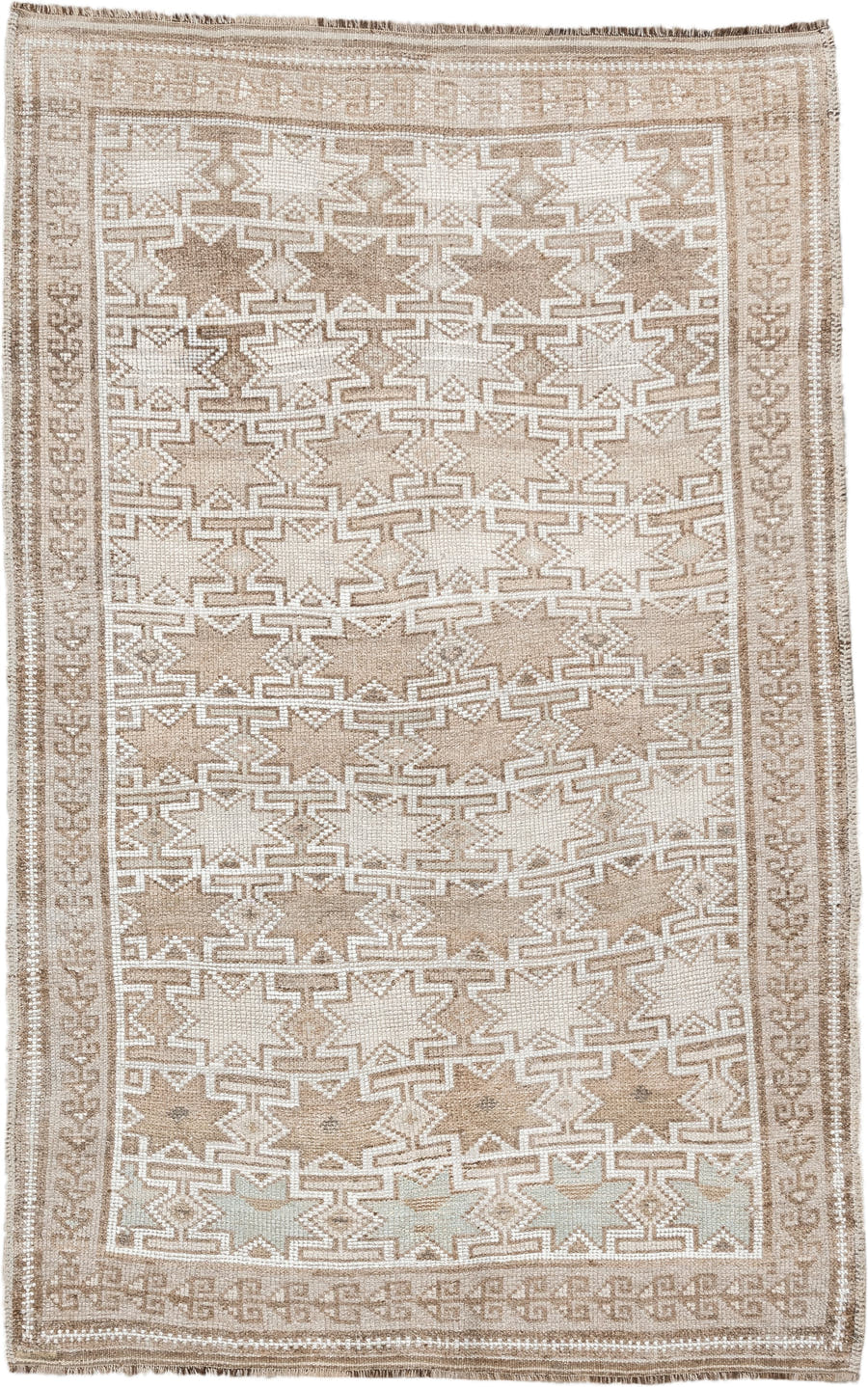 4' x 6' one-of-a-kind handmade antique Kurd small size rug. Color palette: ivory, camel, taupe, sand, beige, gray