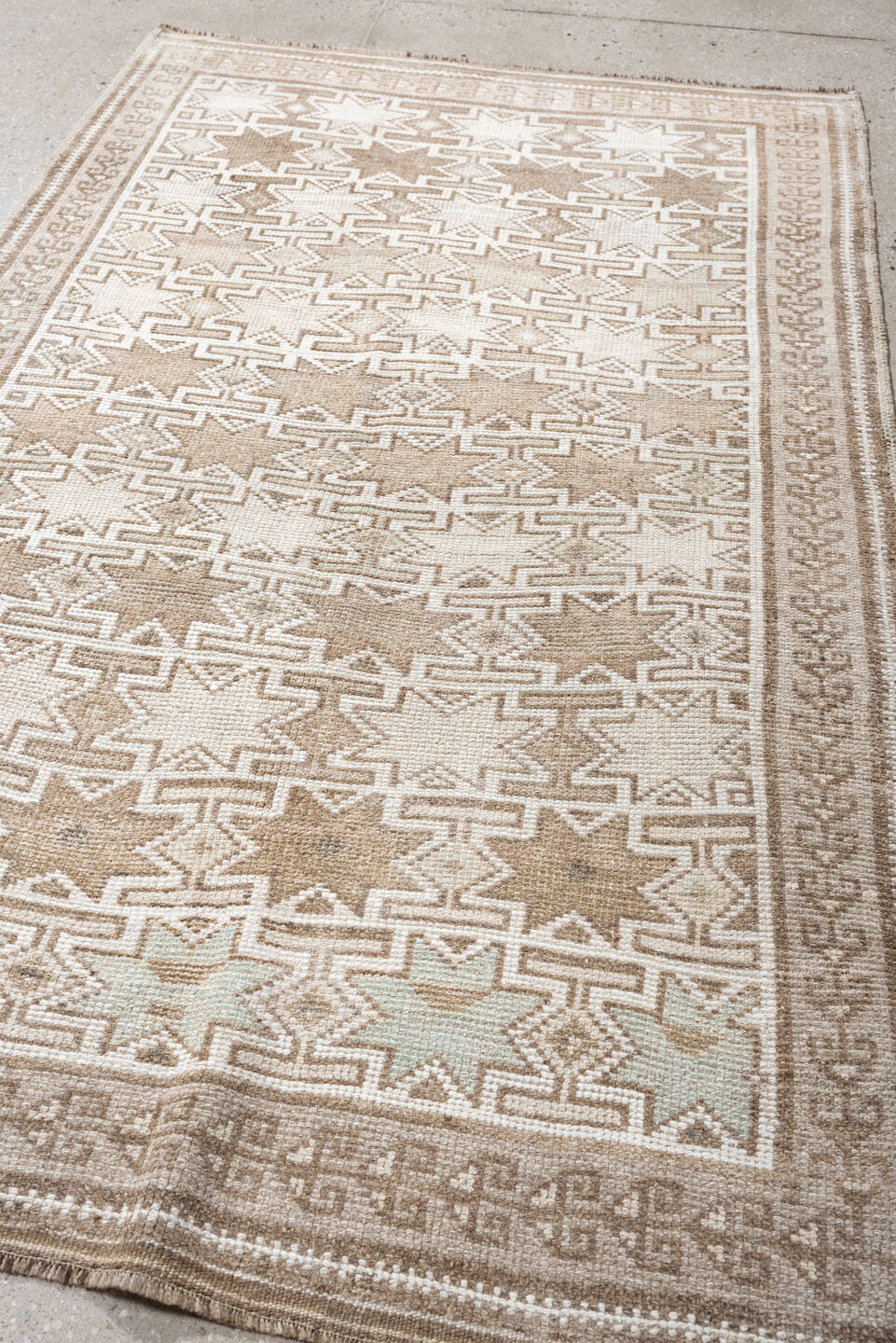 4' x 6' one-of-a-kind handmade antique Kurd small size rug. Color palette: ivory, camel, taupe, sand, beige, gray