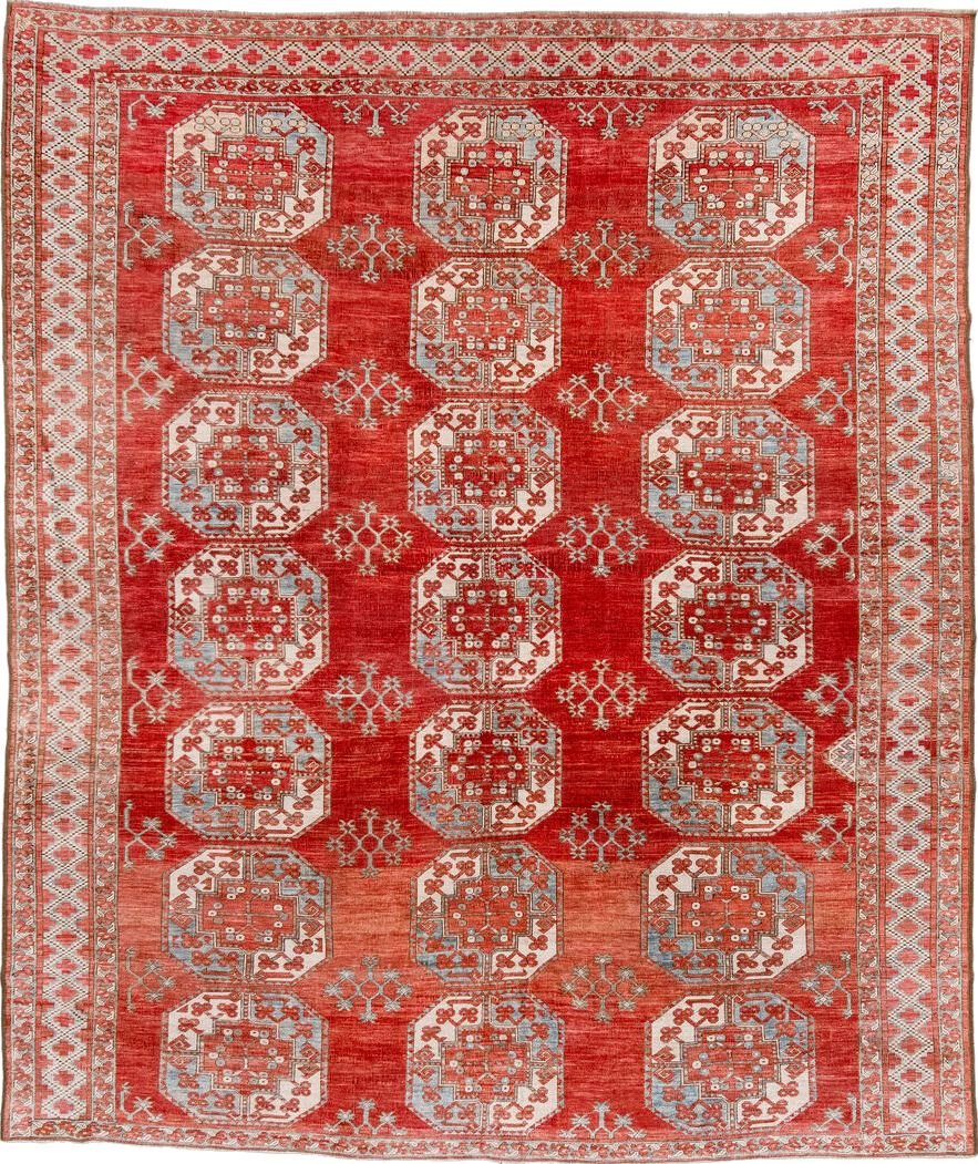 7' x 9' one-of-a-kind handmade vintage Afghan rug. Color palette: antiquewhite, brown, dark gray, dark red, gray, light gray