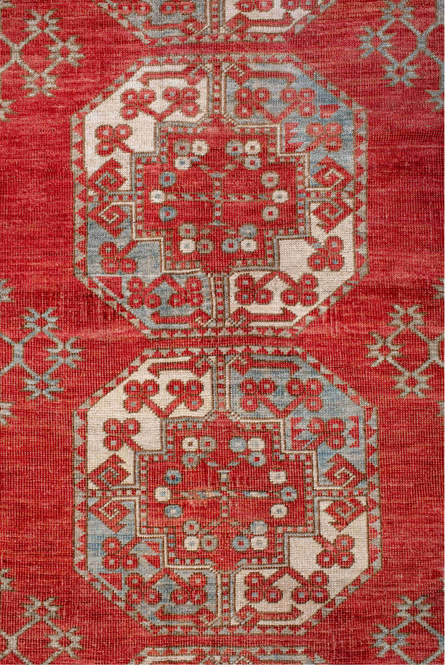 7' x 9' one-of-a-kind handmade vintage Afghan rug. Color palette: antiquewhite, brown, dark gray, dark red, gray, light gray