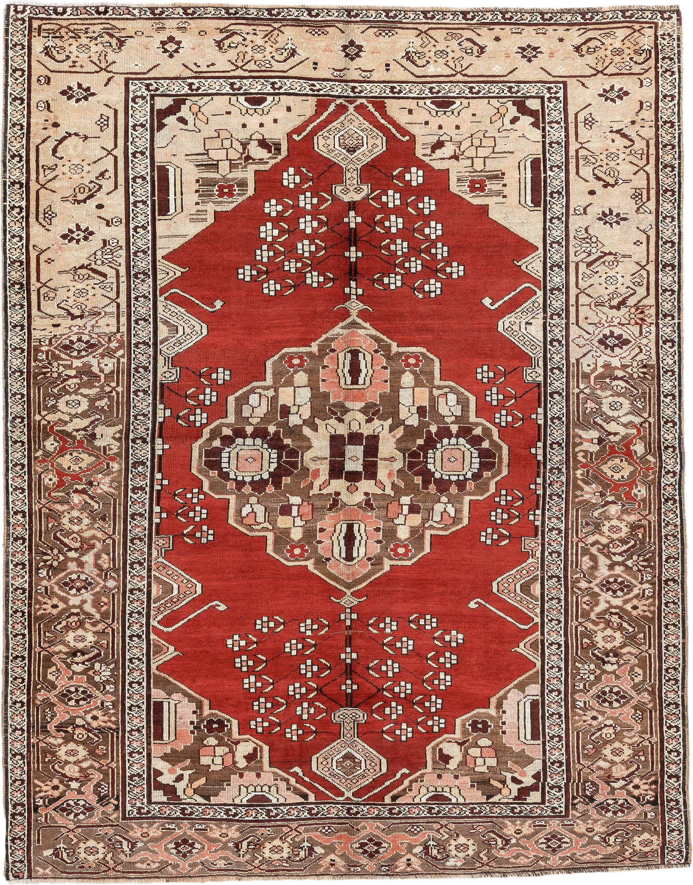 5' x 6' one-of-a-kind handmade antique Caucasian rug. Color palette: terracotta, ivory, taupe, brown, rose, mahogany, camel