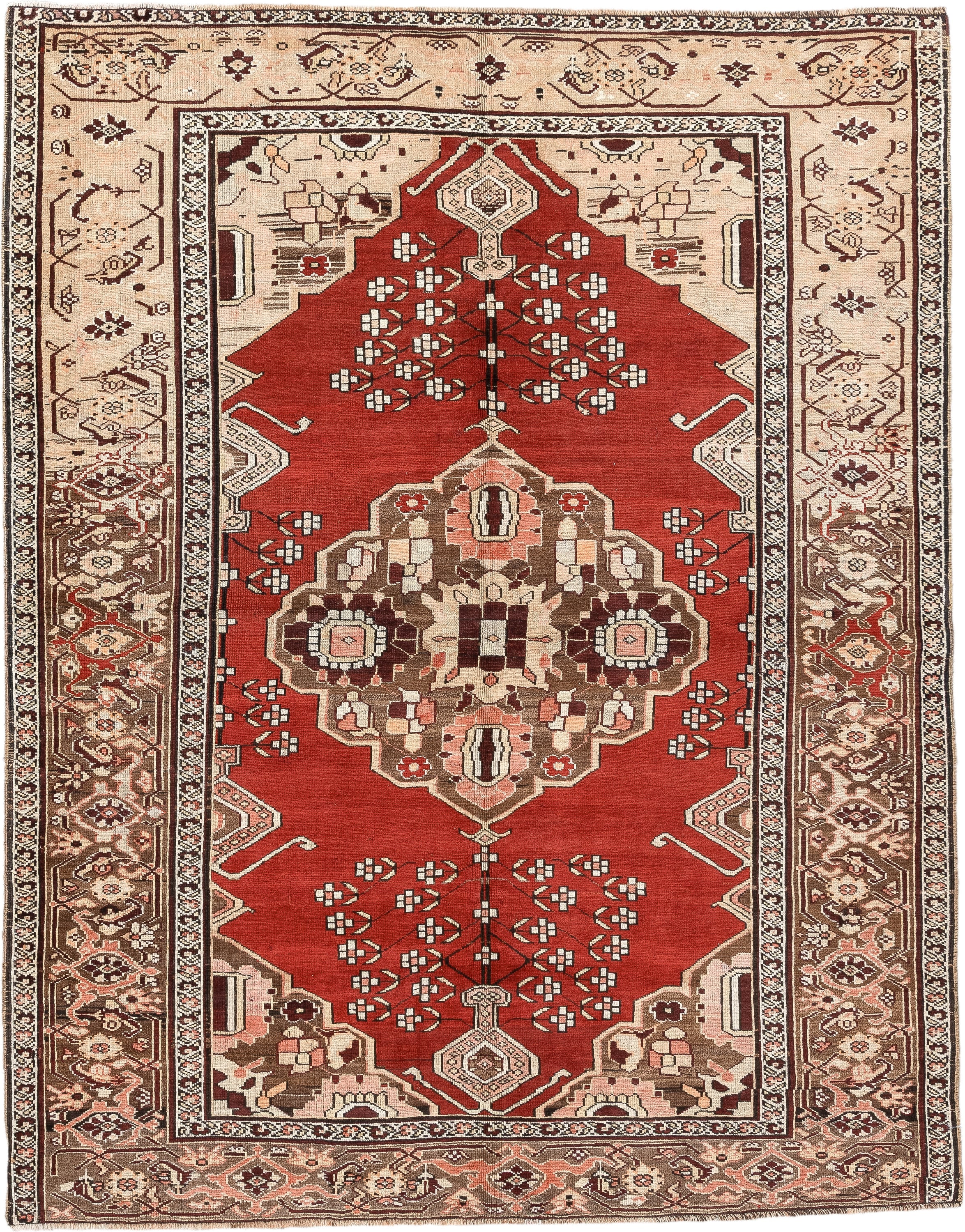 5' x 6' one-of-a-kind handmade antique Caucasian rug. Color palette: terracotta, ivory, taupe, brown, rose, mahogany, camel