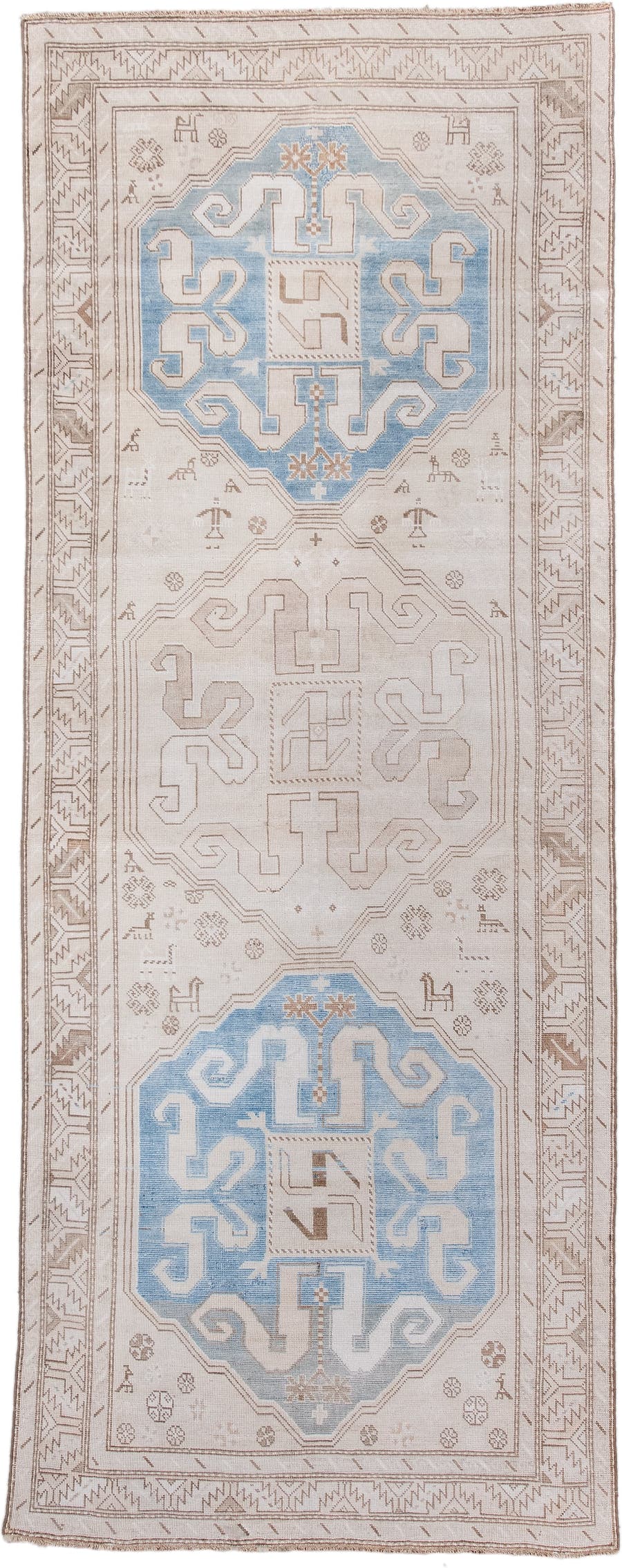 4' x 10' one-of-a-kind handmade vintage Caucasian runner rug. Color palette: ivory, sky blue, taupe, camel, beige