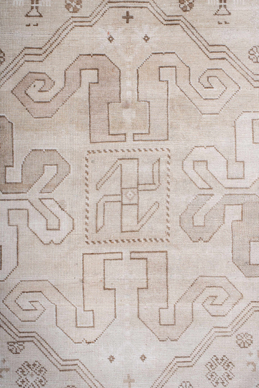 4' x 10' one-of-a-kind handmade vintage Caucasian runner rug. Color palette: ivory, sky blue, taupe, camel, beige