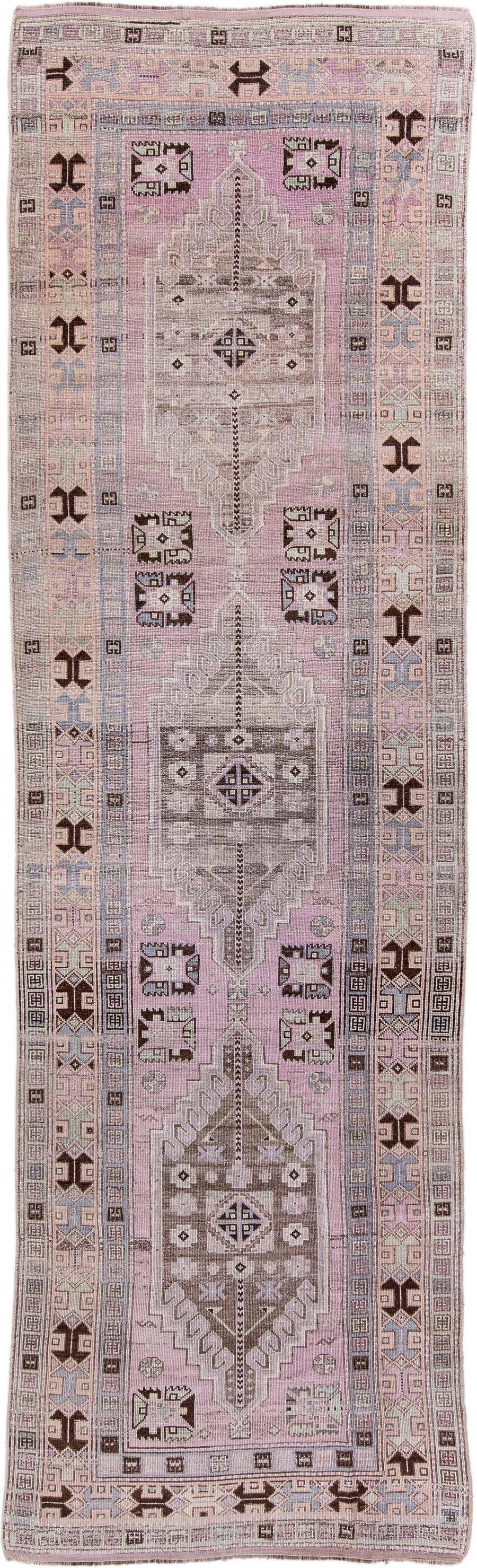 3' x 11' one-of-a-kind handmade antique Anatolian runner rug. Color palette: lavender, taupe, ivory, charcoal, dusty rose