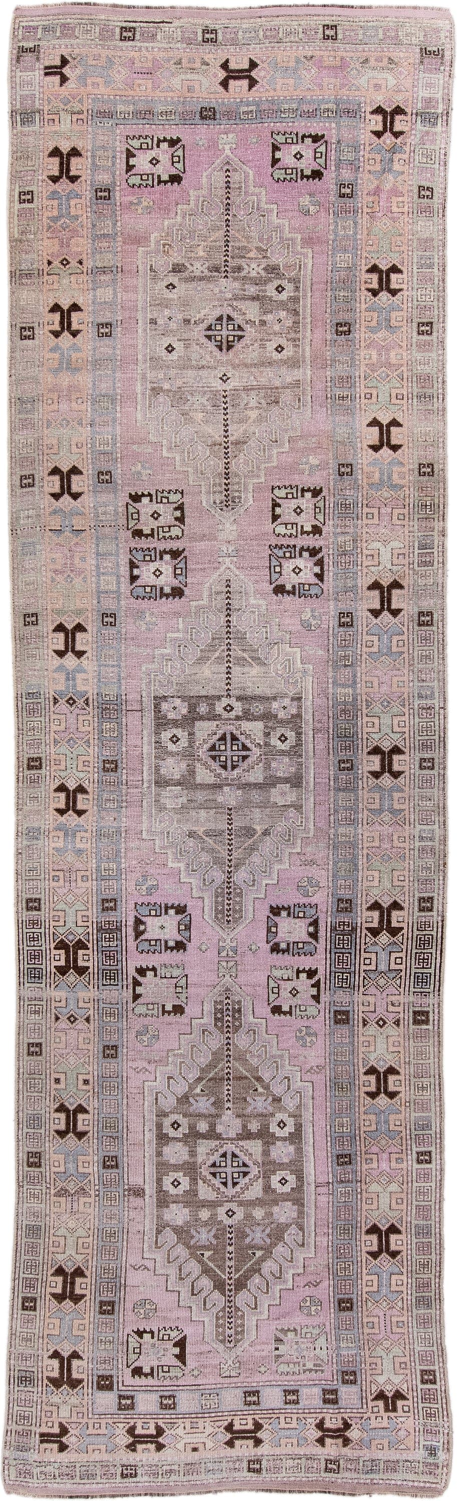 3' x 11' one-of-a-kind handmade antique Anatolian runner rug. Color palette: lavender, taupe, ivory, charcoal, dusty rose