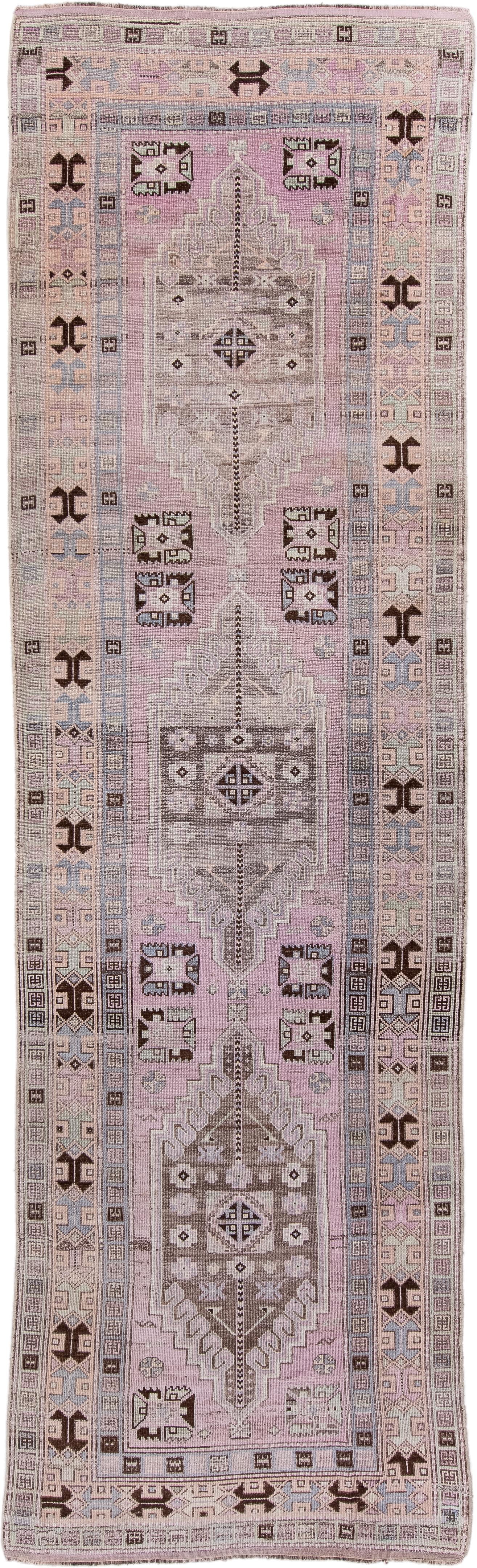 3' x 11' one-of-a-kind handmade antique Anatolian runner rug. Color palette: lavender, taupe, ivory, charcoal, dusty rose