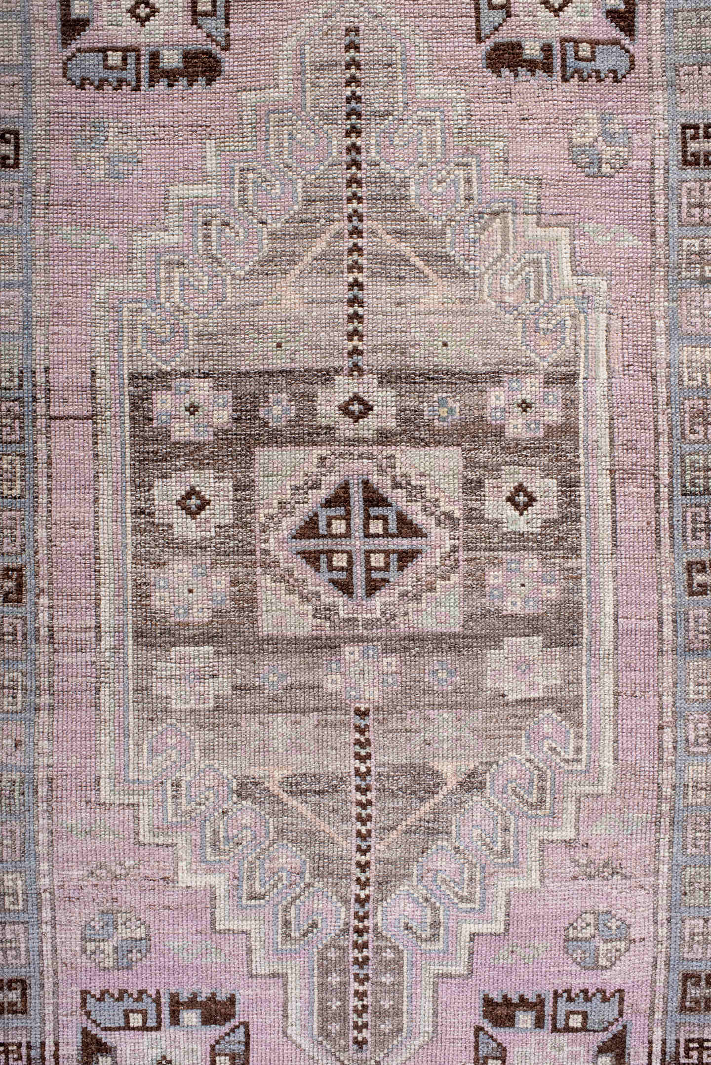 3' x 11' one-of-a-kind handmade antique Anatolian runner rug. Color palette: lavender, taupe, ivory, charcoal, dusty rose