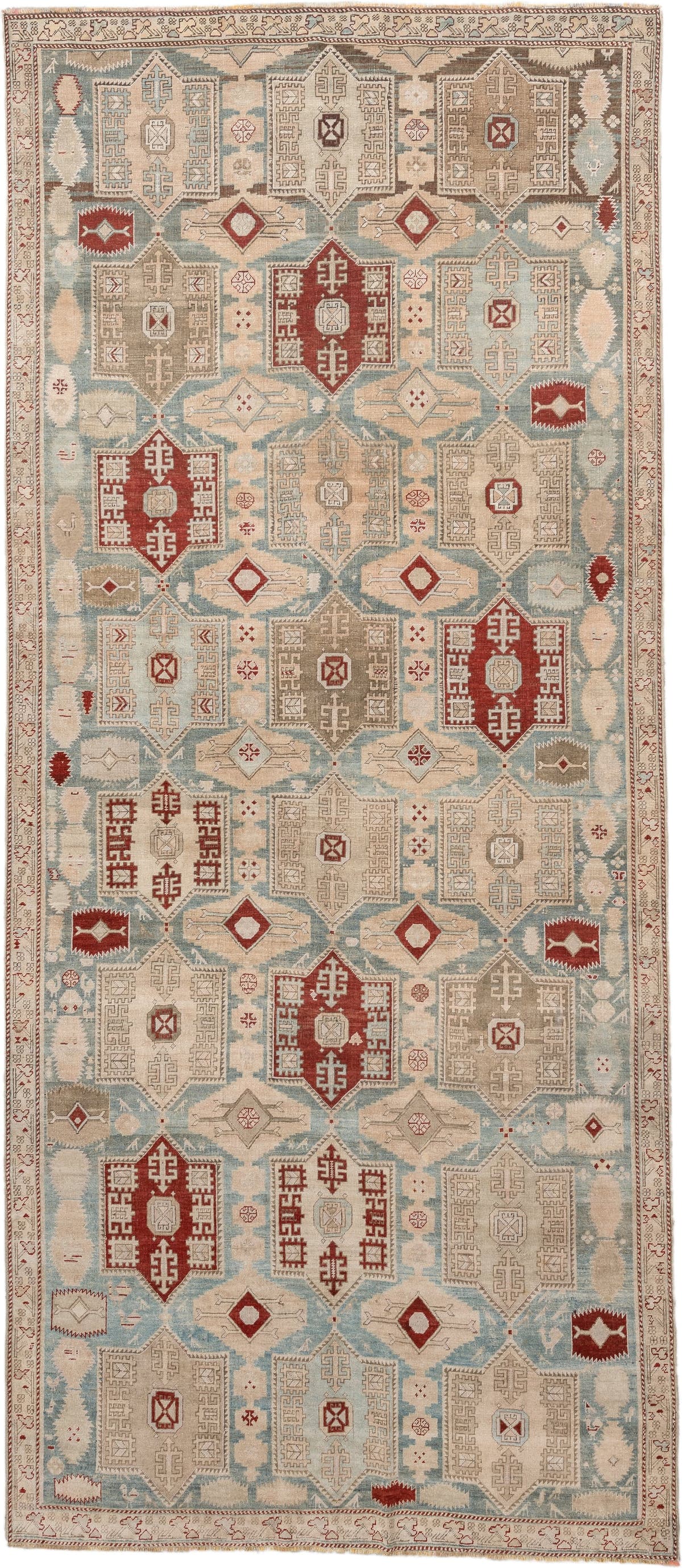 5' x 12' one-of-a-kind handmade vintage NW Persian rug. Color palette: ivory, sky blue, taupe, rust, beige, light blue, gray