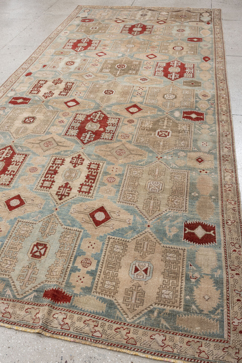 5' x 12' one-of-a-kind handmade vintage NW Persian rug. Color palette: ivory, sky blue, taupe, rust, beige, light blue, gray