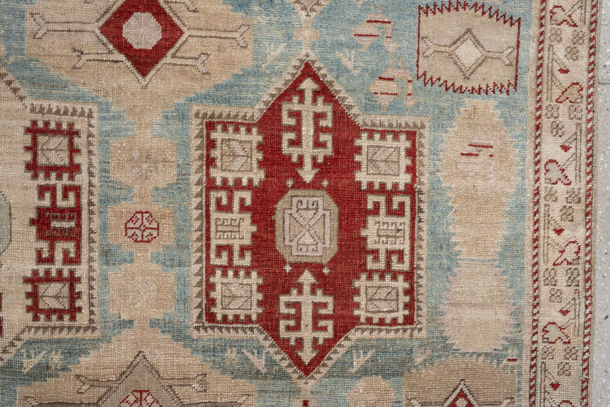 5' x 12' one-of-a-kind handmade vintage NW Persian rug. Color palette: ivory, sky blue, taupe, rust, beige, light blue, gray